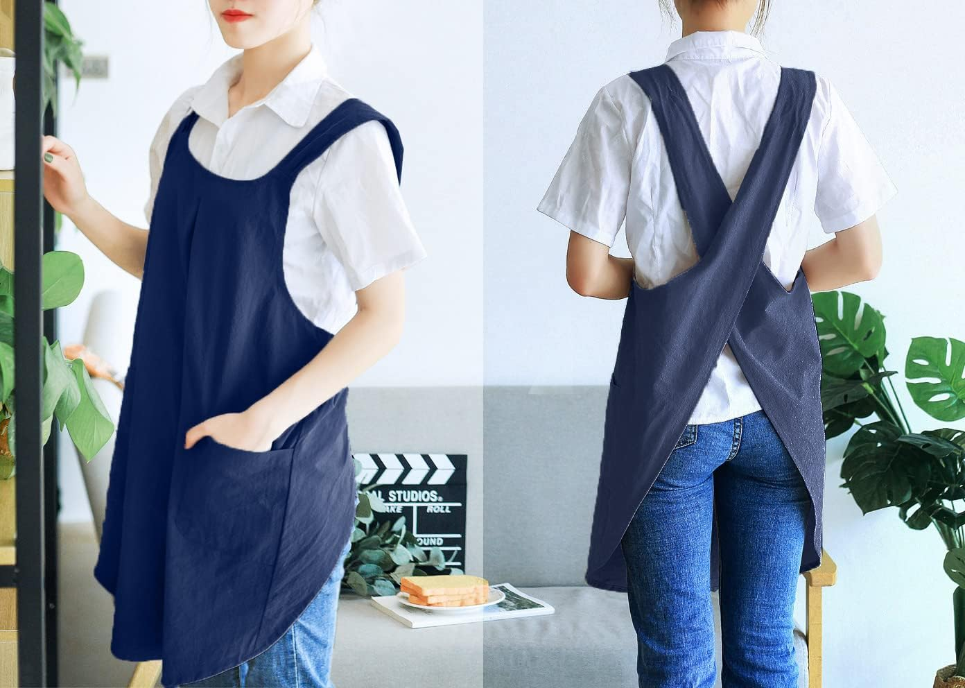 Soft Cotton Linen Apron Cross Back X-Shaped Japanese Style Pinafore Dress for Cooking, Housewarming, Daily Chores - Grey image number 3