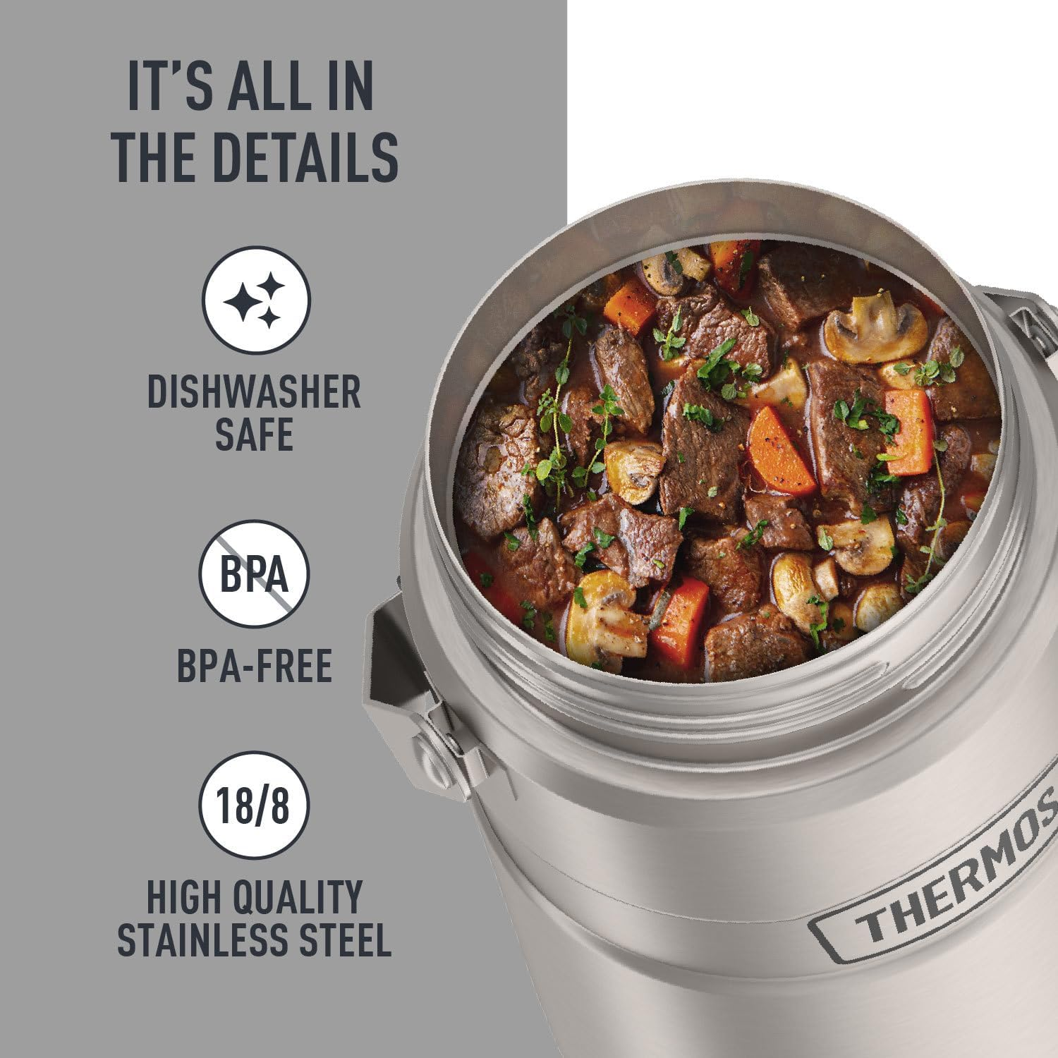 Thermos Stainless King Vacuum-Insulated Food Jar with 2 Storage Container Inserts, 47 Ounce, Matte Steel - Matte Stainless Steel image number 2