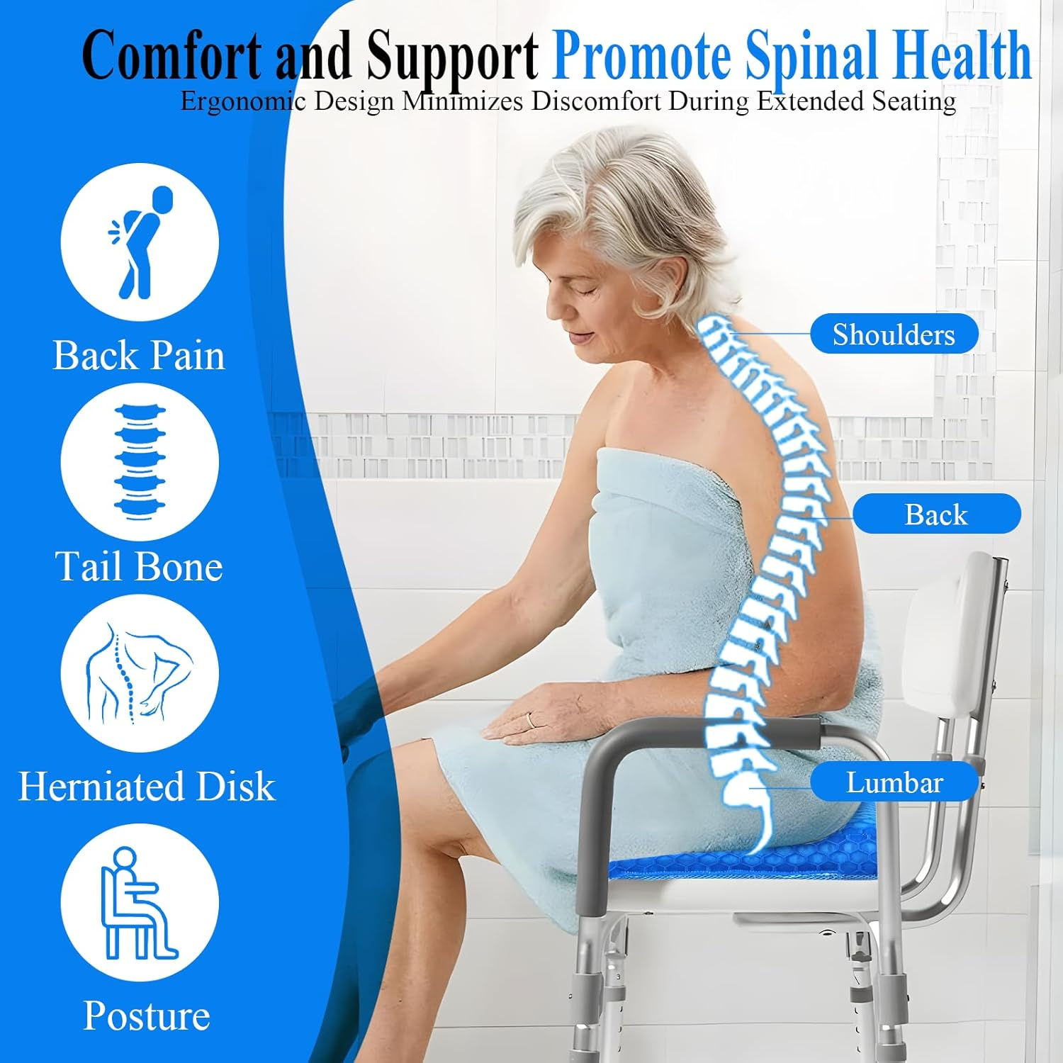 Anycosy Shower Seat Cushion Waterproof Sauna Seat Cushion Bathtub Cushion for Sauna,Slip-Resistant 3D Foam Mesh Bathtub Chair Pad with Hook,Quick Drying Shower Seat Mat for Elderly (Blue, Medium) image number 4