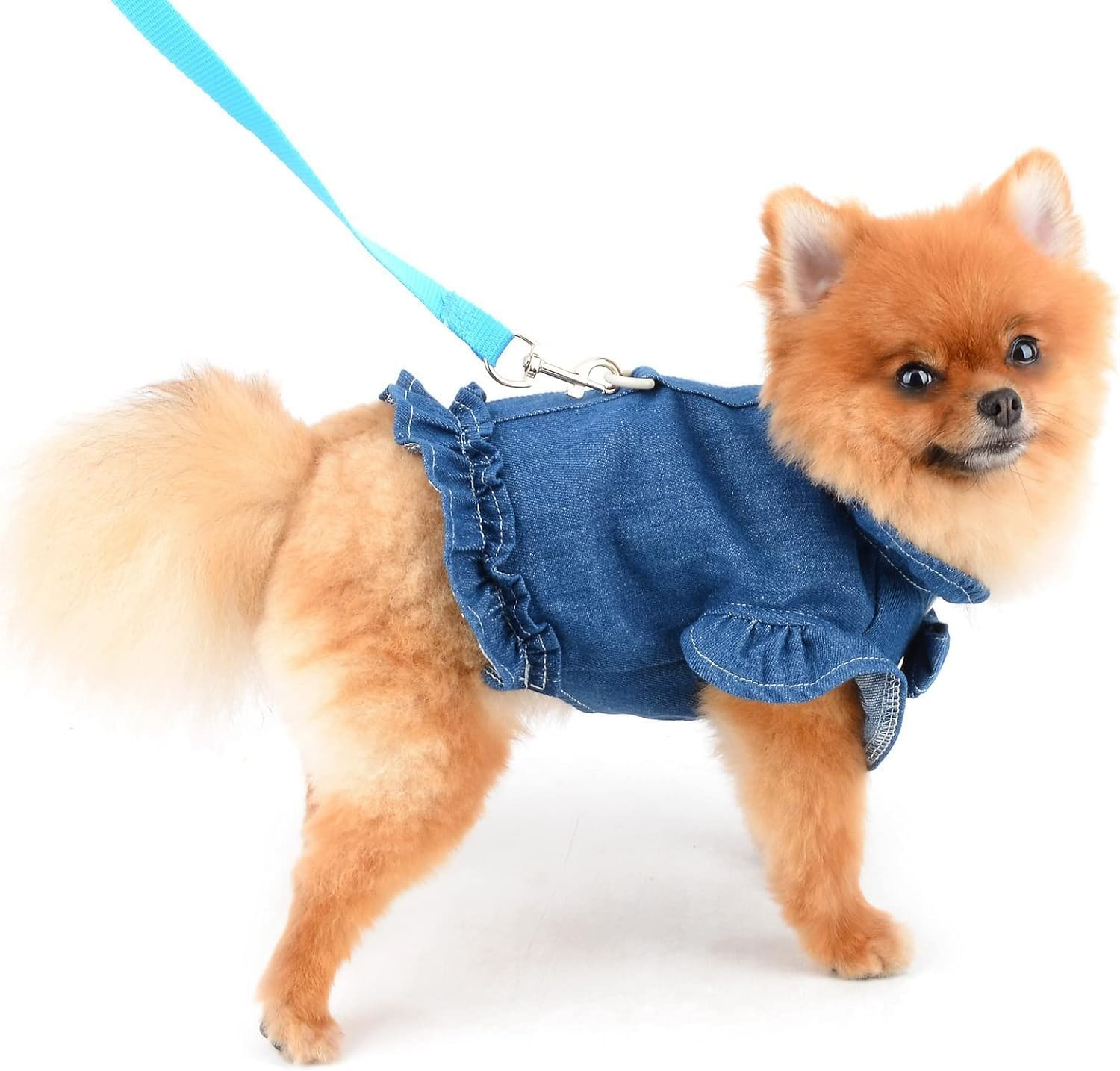 Pet Denim Harness Vest Shirt with D-Ring for Small Dogs Cats Soft Comfort Ruffles Jean Jacket for Outdoor Walking (Dark Blue, S) image number 1