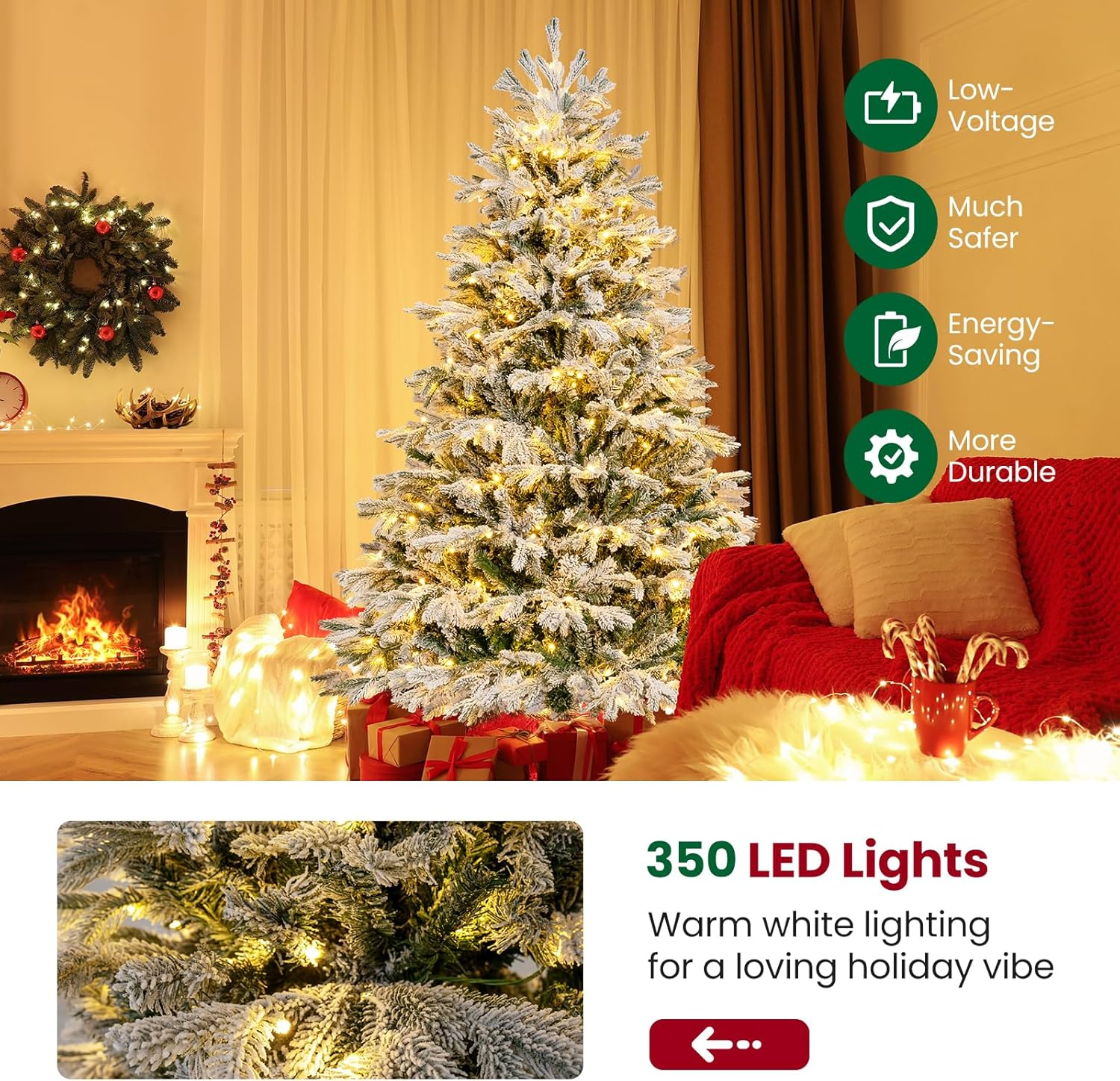Costway 1.8M Artificial Flocked Christmas Tree with 1022 PE PVC Branch Tips & a Pair of Gloves & 350 Warm White LED Lights, Pre-Lit Hinged Xmas Decor Tree for Home, Office & Carnival, Easy Setup