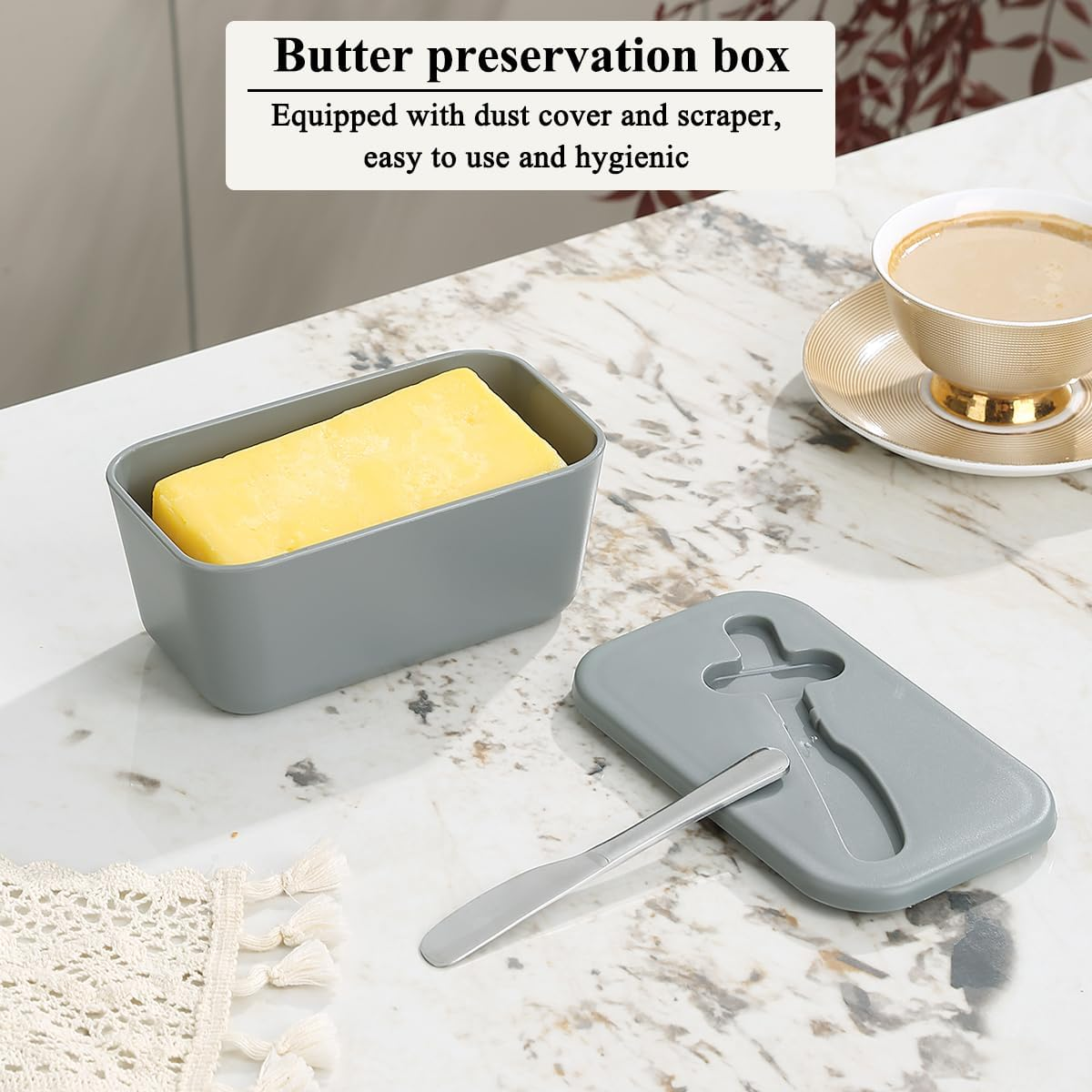 Butter Dish with Lid for Countertop and Refrigerator Door Shelf, Reanea Plastic Butter Holder Tray Container with Butter Knife, Easy Scoop Dishwasher Safe image number 6