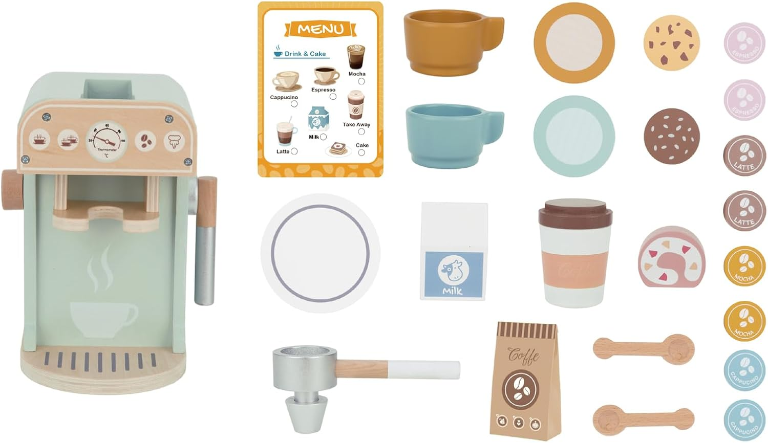 Tooky Toy TJ269 Wooden Barista Coffee Machine Set :Quality Pretend Play Wooden Set for Ages 3+ image number 1