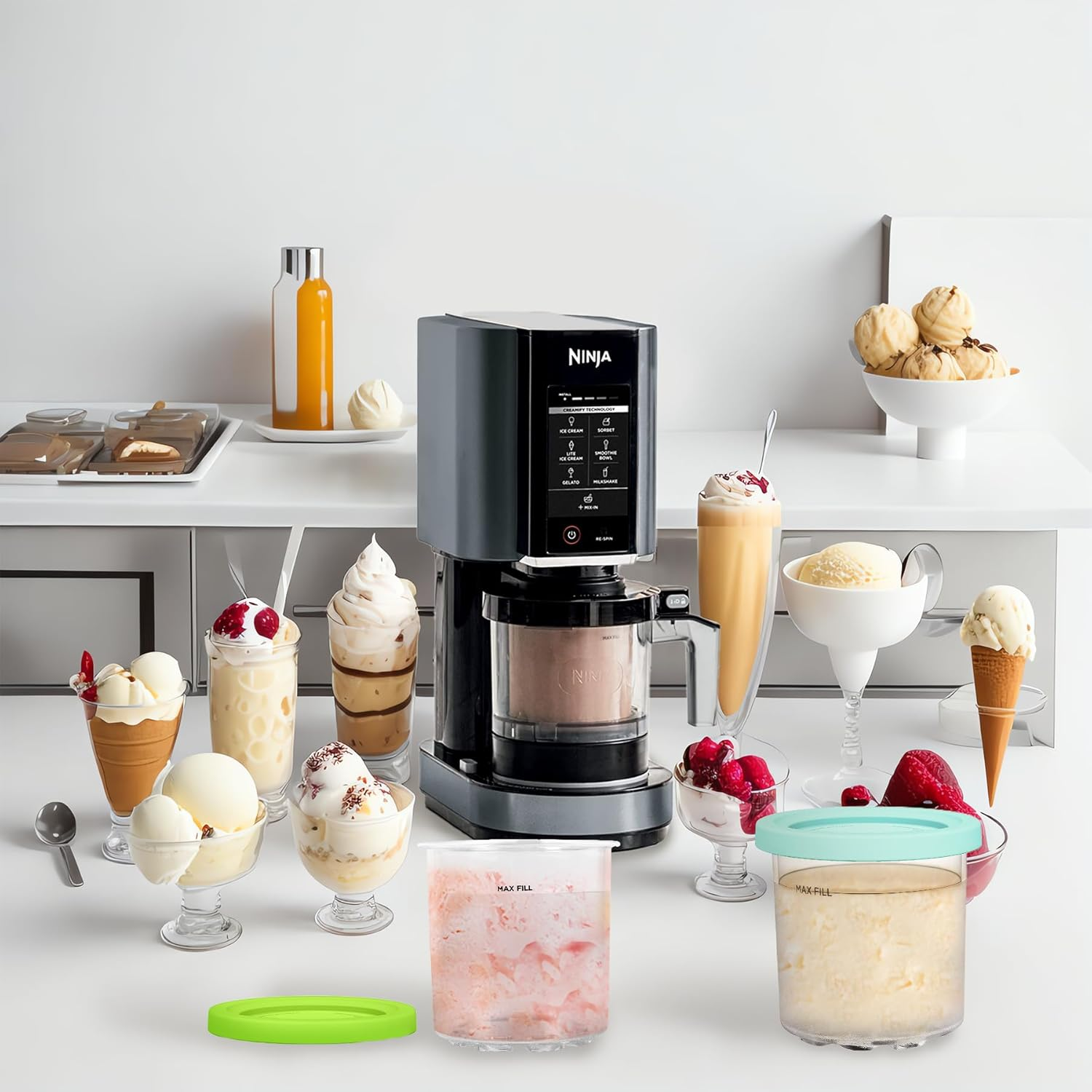 Ice Cream Pint Containers Replacement for Ninja Creami Pints and Lids - 4 Pack, Compatible with NC300 & NC301 & NC299AMZ Series, Leakproof, and Dishwasher Safe, Pink/Green/Grey/Blue image number 2