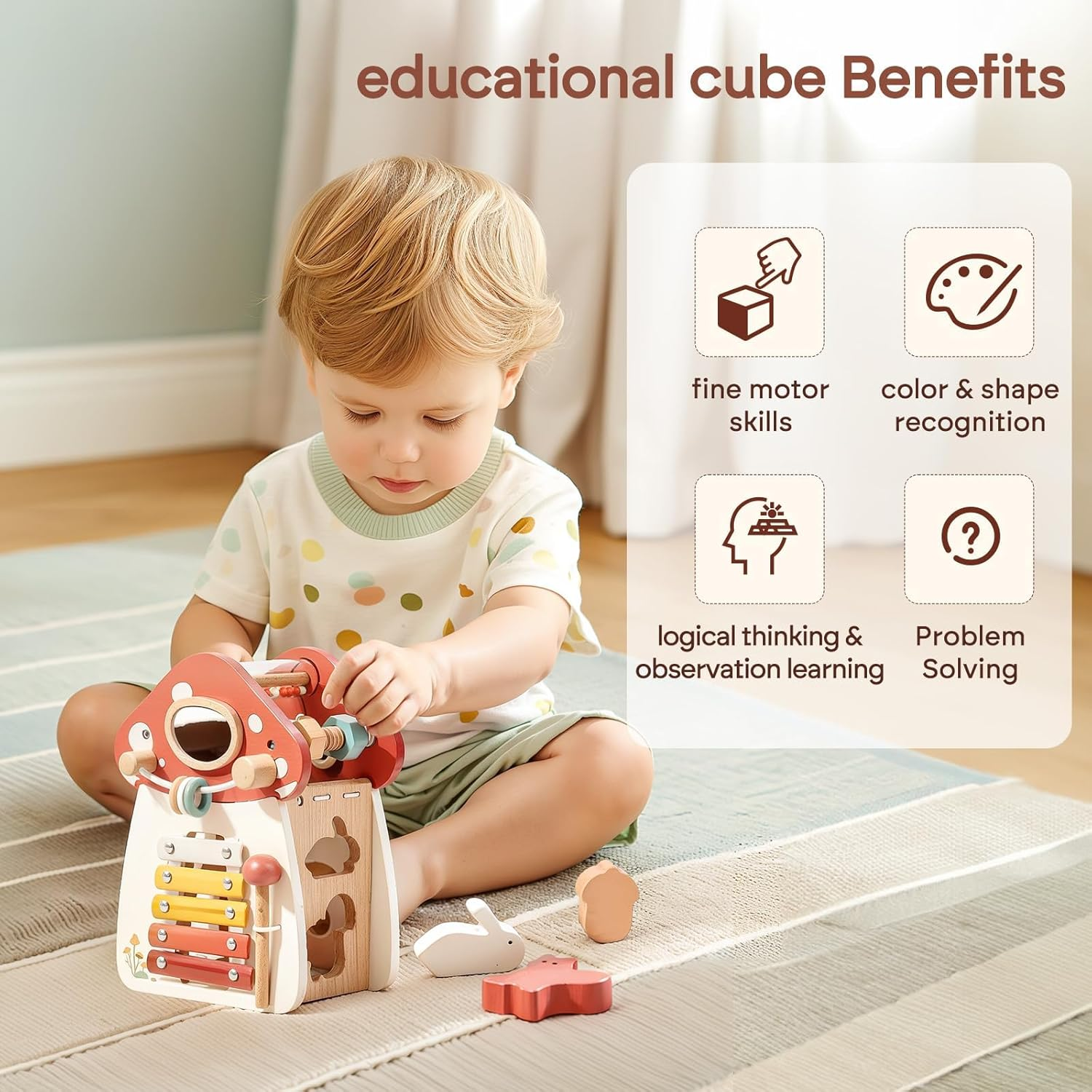 IEATFO 8 in 1 Wooden Activity Cube Toys for Baby Travel Sensory Toys for Toddlers 1-3 Multipurpose Educational Learning Toy for Kids Shape Sorter Montessori Toy to 1 2 Year Old First Birthday Gift image number 6