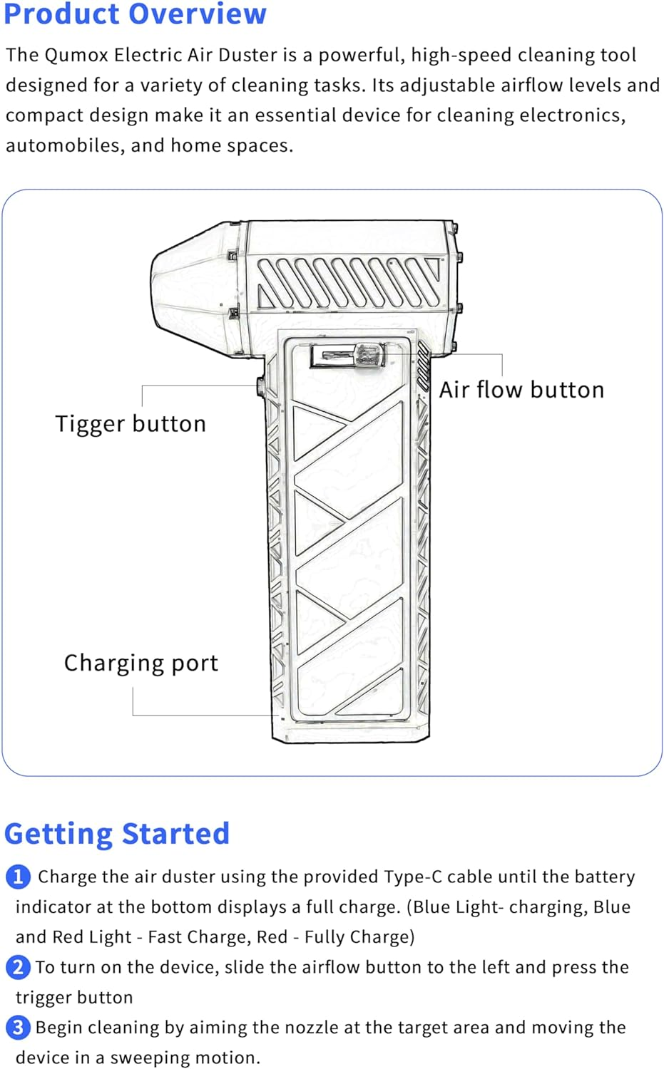 QUMOX Powerful Electric Air Duster - High-Speed 170000RPM, Adjustable Air Flow Levels, Replace Compressed Air Can Rechargeable Air Blower for Cleaning Computer Keyboards, Outdoor Use, Cars, and Home
