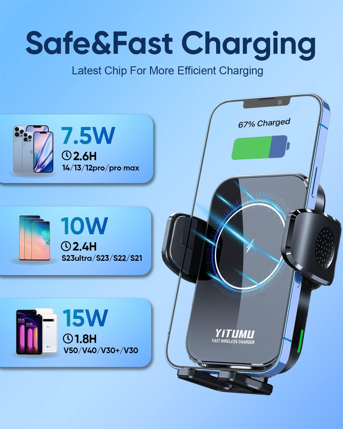 Wireless Car Charger, 15W Qi Fast Charging Car Phone Holder Wireless Charging, Windshield Dashboard Phone Mount Holder Compatible with Iphone 14/13/12/11 Pro Max, Xs, Samsung Galaxy, Etc. image number 4