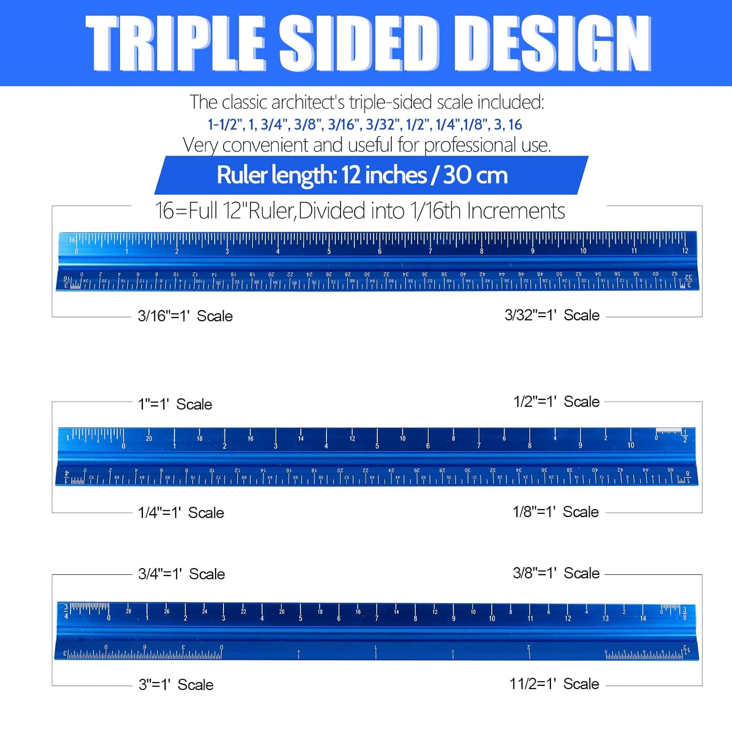 12" Architectural Scale Ruler, Aluminum Scale, Triangular Ruler, Scale Ruler for Blueprint Imperial Measurements for Architects Engineering Artists, Draftsman Drawing, Laser-Etched Markings.(Blue) image number 6