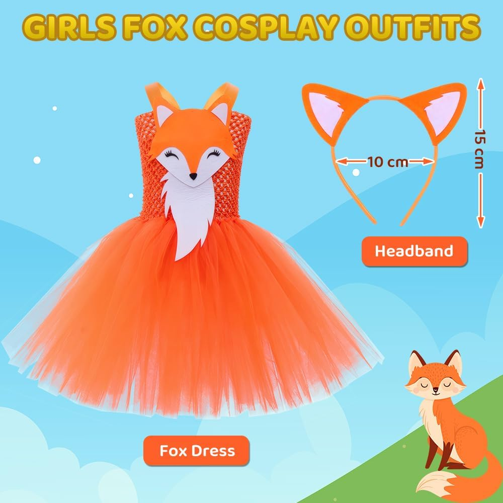 AUTOWT Jungle Themed Cosplay Costumes for Girls, Animal Tutu Skirt with Headband, Fox Tulle Outfit for Children'S Halloween Christmas Birthday Theme Party image number 5
