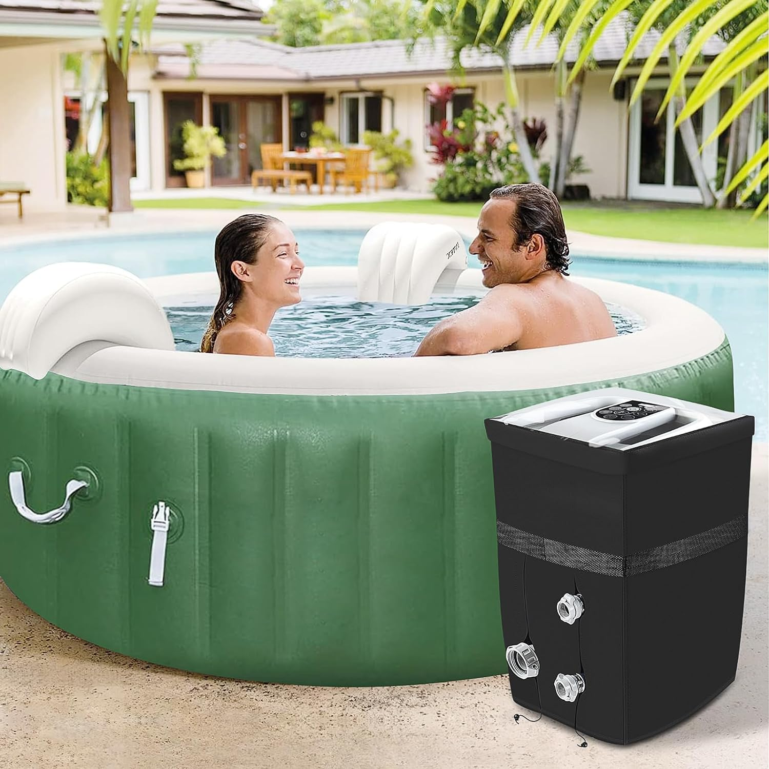 TOHONFOO Heavy Duty Inflatable Hot Tub Pump Cover with Zipper Opening and Transparent PVC Top Window for Multiple Spa Heater Pumps (Black, Cover Only)