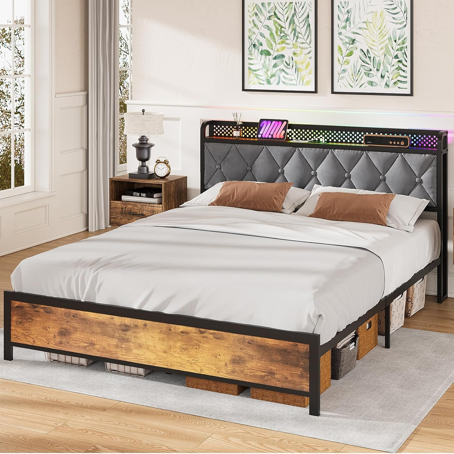 ADVWIN Queen Size Bed Frame, Storage Headboard with Led & Charging Station, Industrial Upholstered Platform Bed with Metal Mattress Base Support, No Box Spring Needed, Rustic Brown & Gray (Queen)