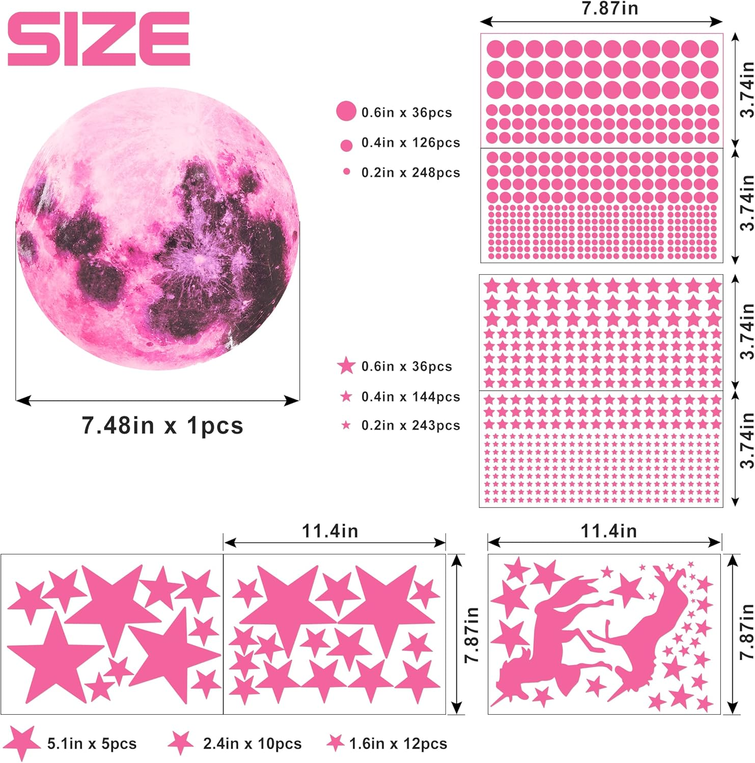 Glow in the Dark Unicorn Wall Decals for Girls Room, Luminous Moon and Stars for Ceiling, Fairy Stickers Wall Decor for Kids Bedroom Birthday Party(Pink)