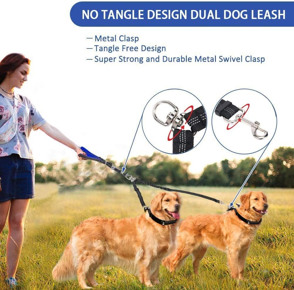 Double Dog Lead Coupler, No Tangle 360&deg;Swivel Rotation Two 2 Dog Lead Splitter, Heavy Duty Adjustable Bungee Reflective Dual Dog Leash for Walking Medium Large Dog (Black-Small) image number 3