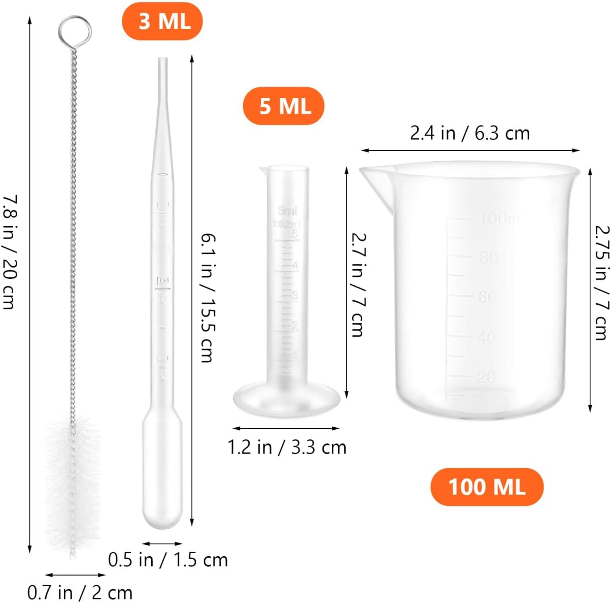 ULTECHNOVO Plastic Measuring Cylinder Beaker Set 5Ml Cylinder 100Ml Beaker 3Ml Pipette with Tube Brush 5Pcs Lab Science Kit for Laboratory Educational Experiments Kids Science image number 6