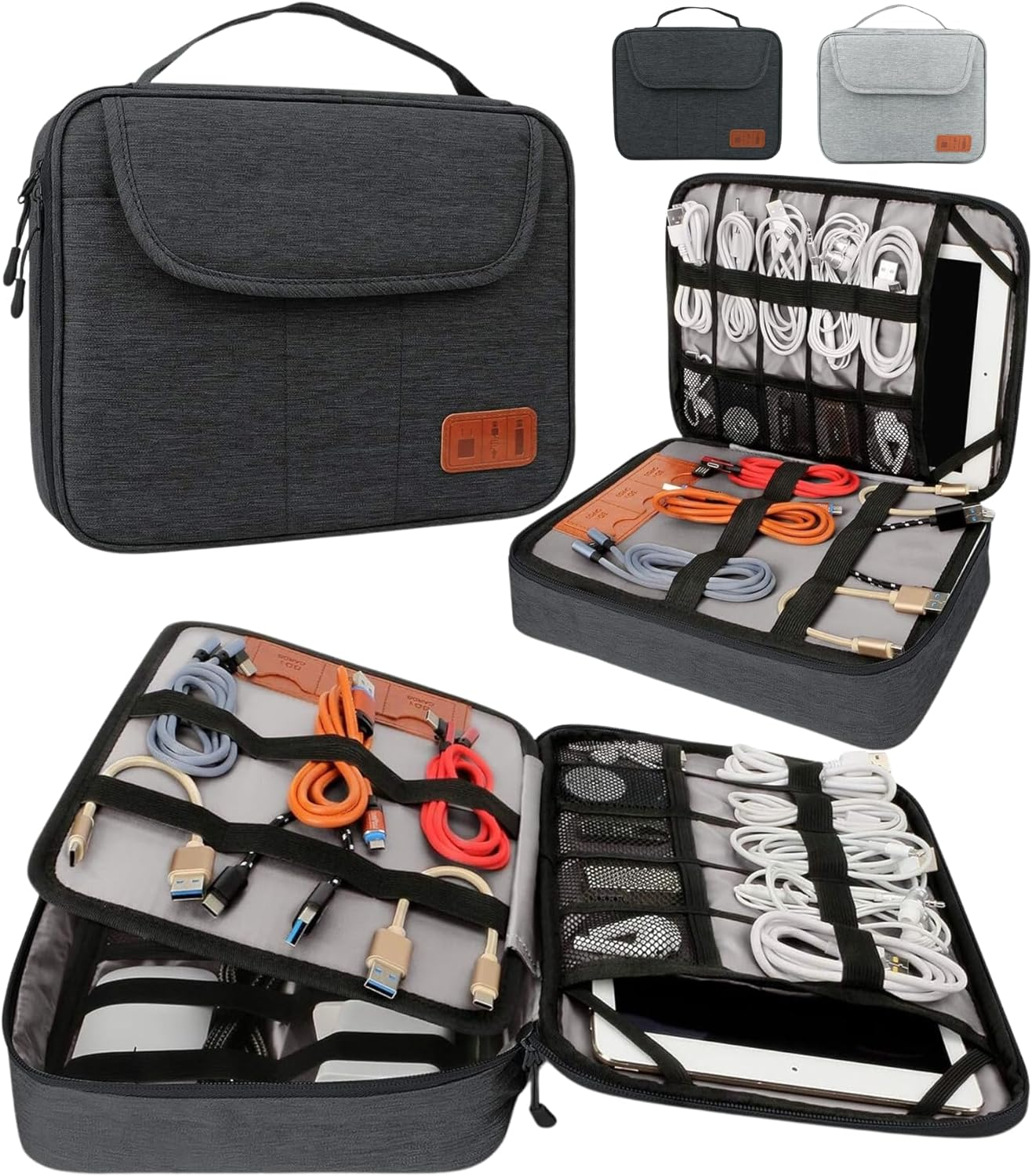 Cable Organiser Bag, Electronic Organizer Bag, Double Layer Travel Case Bag/Pouch for Electronics, Waterproof Pouch for Cables with Sd Card Slots, USB Cable Organizer (Black Small)