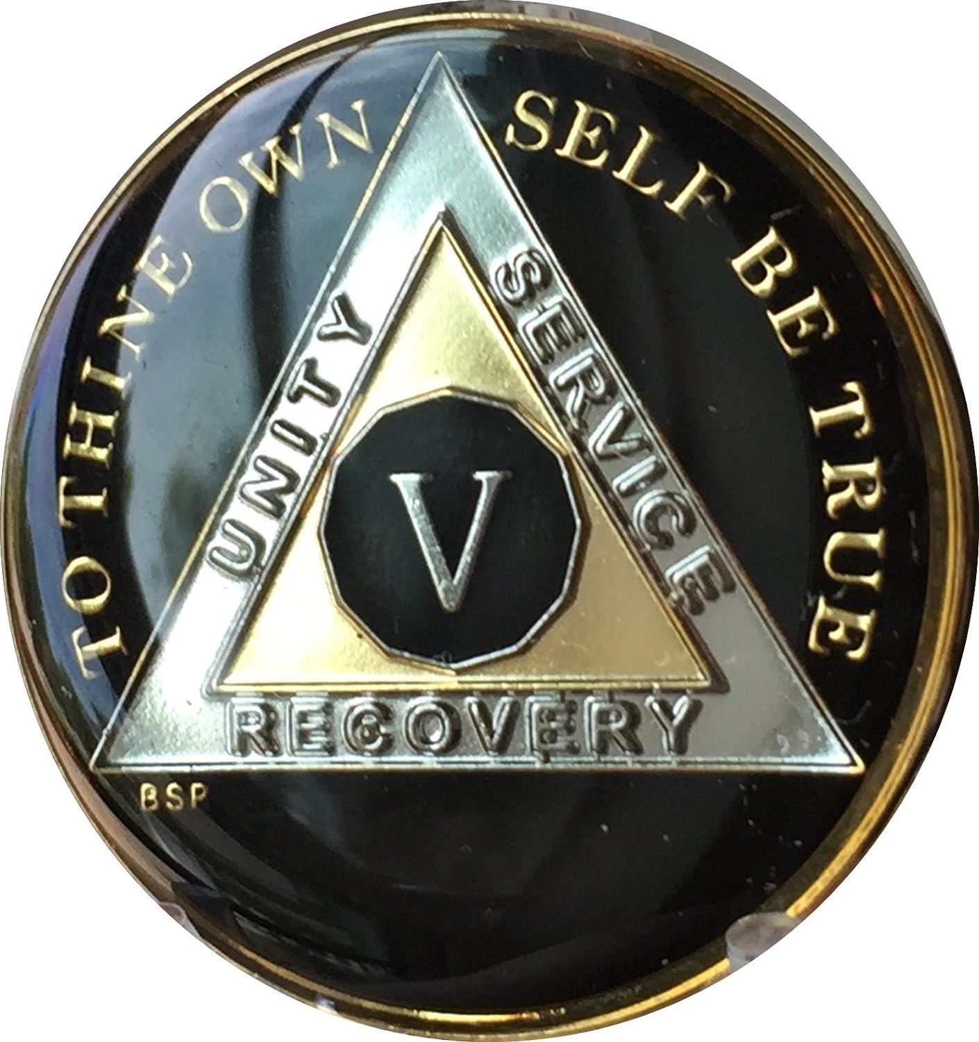 5 Year Classic Black AA Alcoholics Anonymous Medallion Sobriety Chip Tri Plate Gold & Nickel Plated Serenity Prayer image number 2