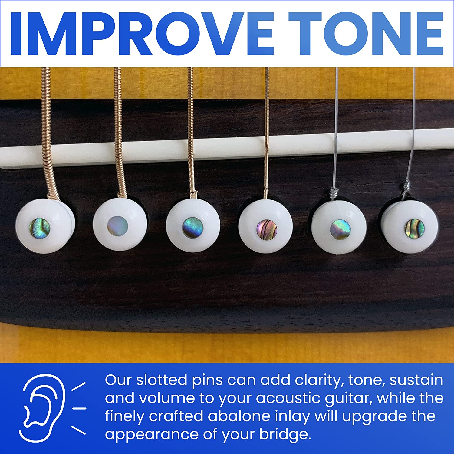 Crosby Slotted Pure Bone Bridge Pins with Abalone Dot Inlay for 6 & 12 String Acoustic Guitar