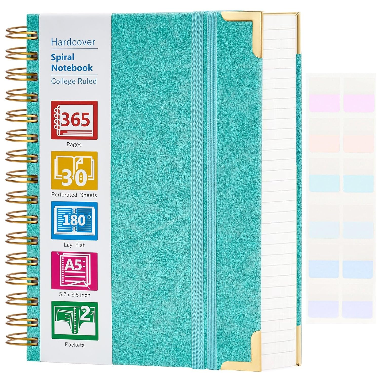 Spiral Notebook, 365 Page Hardcover Leather Notebook Journal, Large A5 Lined Journal for Women Men, College Ruled Notebooks for Work School, Journals for Writing, 24Pcs Index Tabs, 5.5" X 8.5", Teal image number 4