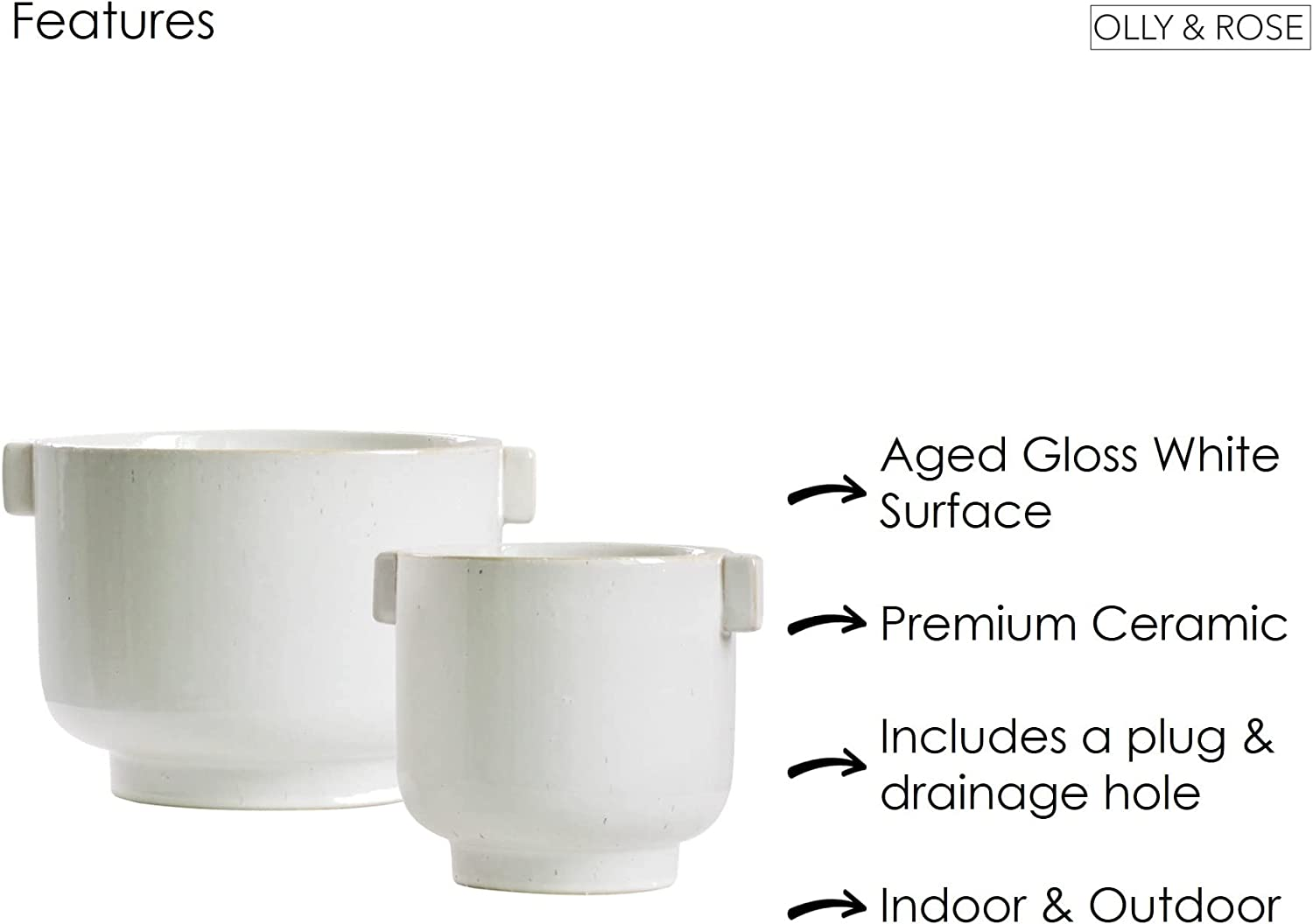 Olly & Rose Cotswolds Ceramic Plant Pot Set with Handles - Indoor & Outdoor Planters - Aged White Gloss Finish image number 2