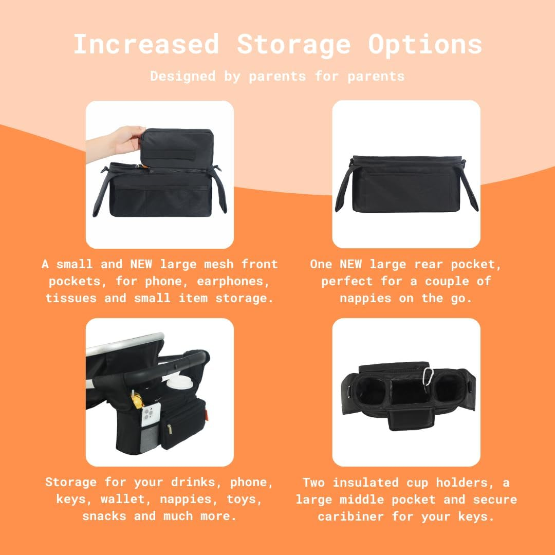 UHURU Stroller Organiser & Pram Caddy with Extra Storage Pockets, Insulated Coffee Cup Holders and Phone Storage, Universal Travel Pram Stroller Bag Compatible with Uppababy, Bugaboo & 99% of Prams image number 5