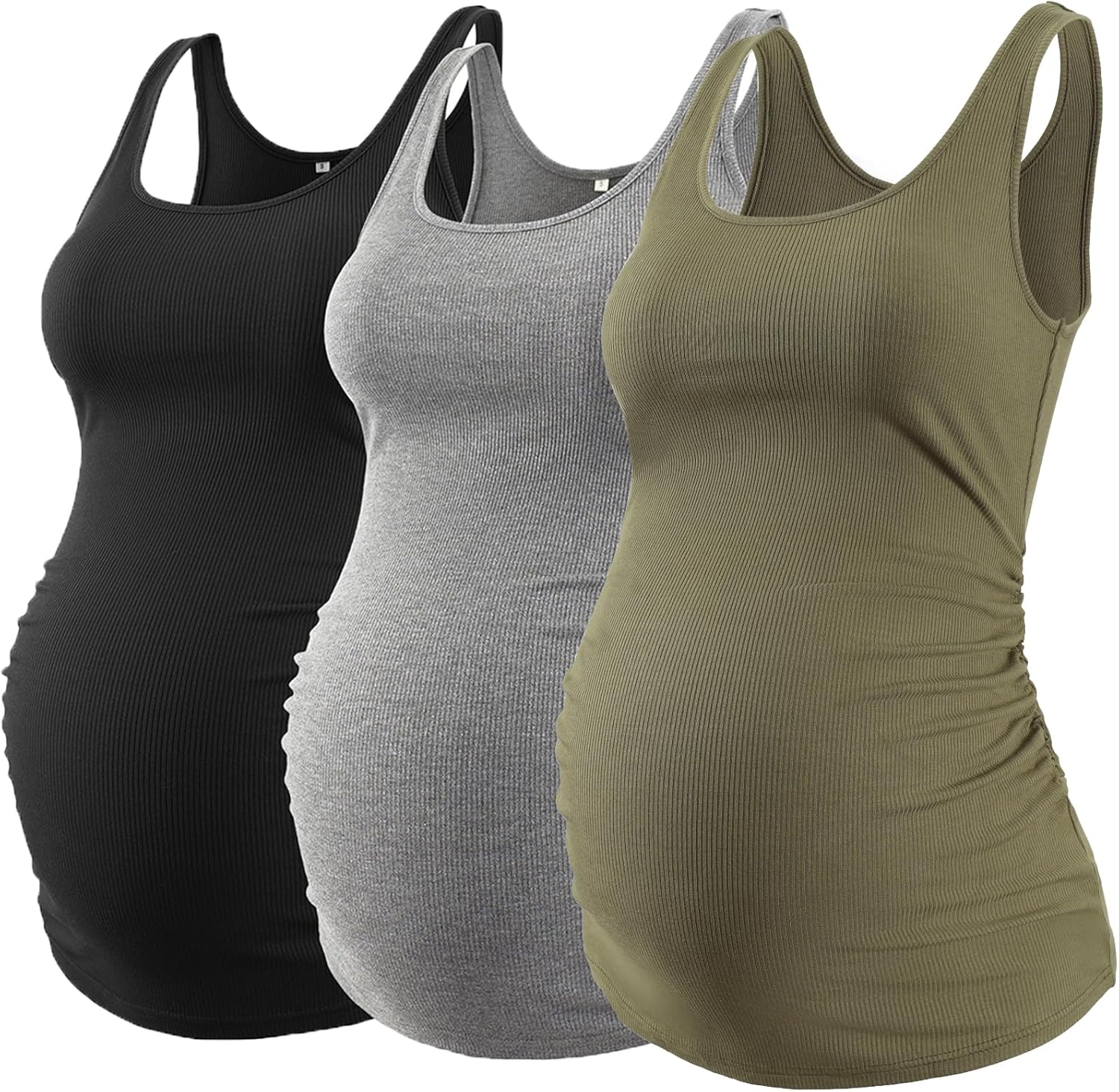 Ecavus 3 Pack Maternity Tank Tops Ribbed Ruched Side Stretchy Comfortable Sleeveless Pregnancy Shirts