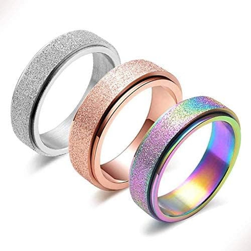 Spinner Ring for Women Anxiety Relief - 3Pcs 6MM Stainless Steel Sand Blast Glitter Finish Rose Gold Silver Rainbow Color Fidget Ring Band Set (11) image number 4