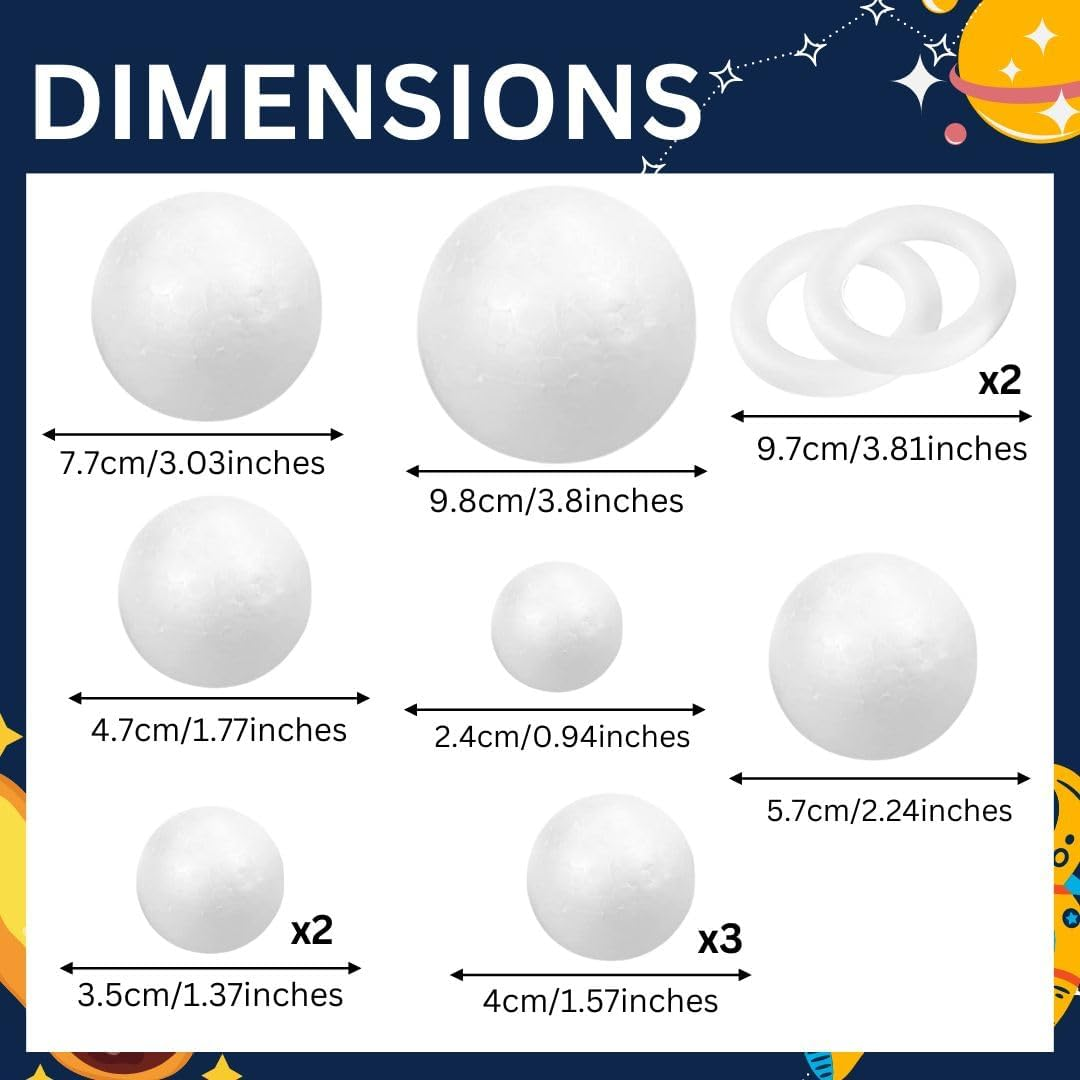 Foam Solar System, for Kids School Science Projects Arts and Diy Crafts Supplies, Can Draw or Paint on These Foam Balls, Embellish with Sequins and Glitter, or Cover Them with Wrapping Paper - White Assorted Sizes image number 3