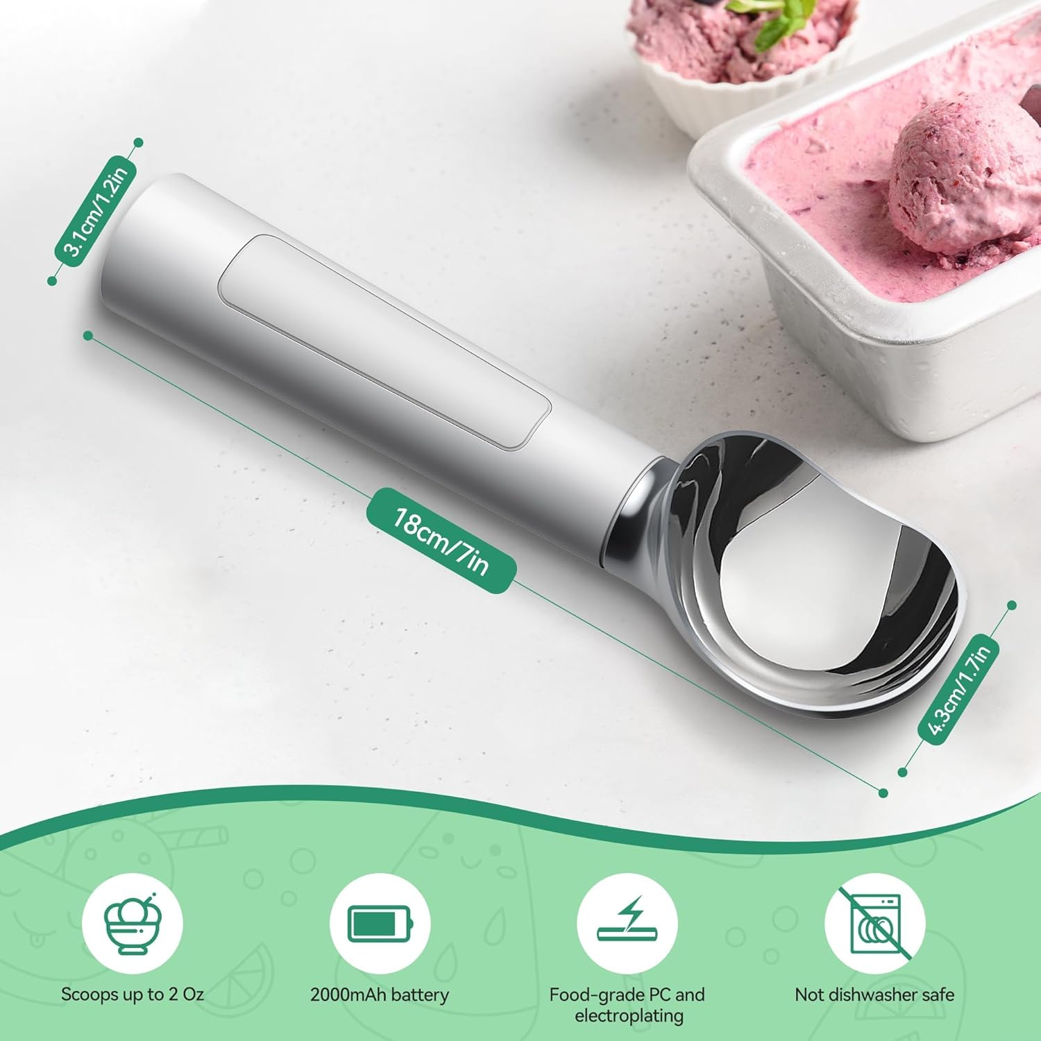 Heated Ice Cream Scoop &ndash; Electric Scooper for Hard Ice Cream and Desserts, Handheld Heating up to 158&deg;F, Rechargeable with LED Display, Easy to Clean, Ideal Summer Gift (White) image number 5