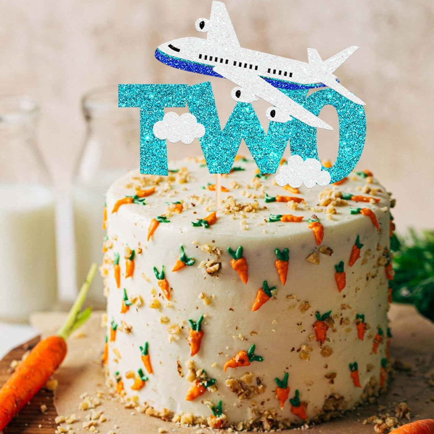 1 Pack Two Airplane Cake Topper Glitter Airplane Sign Oh How Time Files Cake Pick Second Birthday Cake Decorations for Plane Theme 2Nd Year Old Baby Shower Birthday Party Supplies