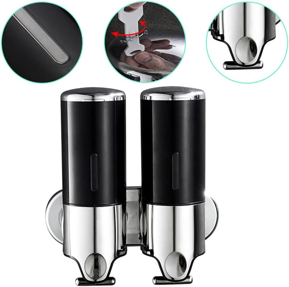 Wall Mounted Bathroom Shower Pump Dispenser, 2 Chamber Dispenser and Organizer-Holds Shampoo Soap Conditioner Shower Gel for Bathroom Kitchen Hotel (Black 2 Chamber)