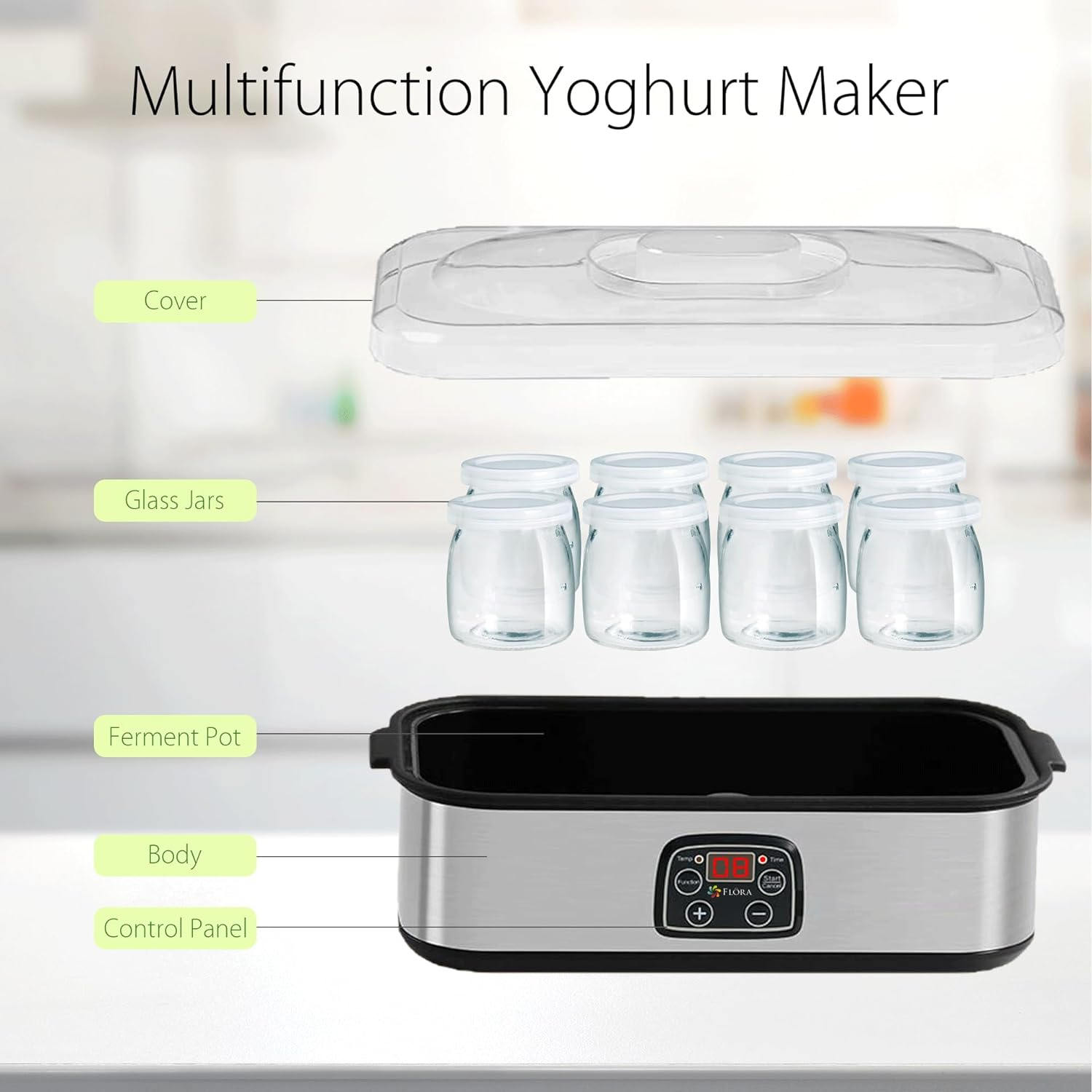 Flora Yoghurt Maker Electric-Australia Local Seller-Fermented Yogurt Making Machine-Auto Digital with 8 Glass Jars-Lcd Display with Temperature Setting-Natto/Rice Wine/Curd Making-Fl-Yme-816 image number 4