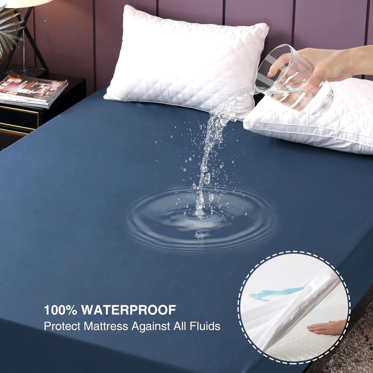 NTBED Waterproof Mattress Protector Cover King Size Blue Deep Pocket Polyester Bed Mattress Pad Cover Solid Color Fitted Sheet (Dark Blue, King) image number 2