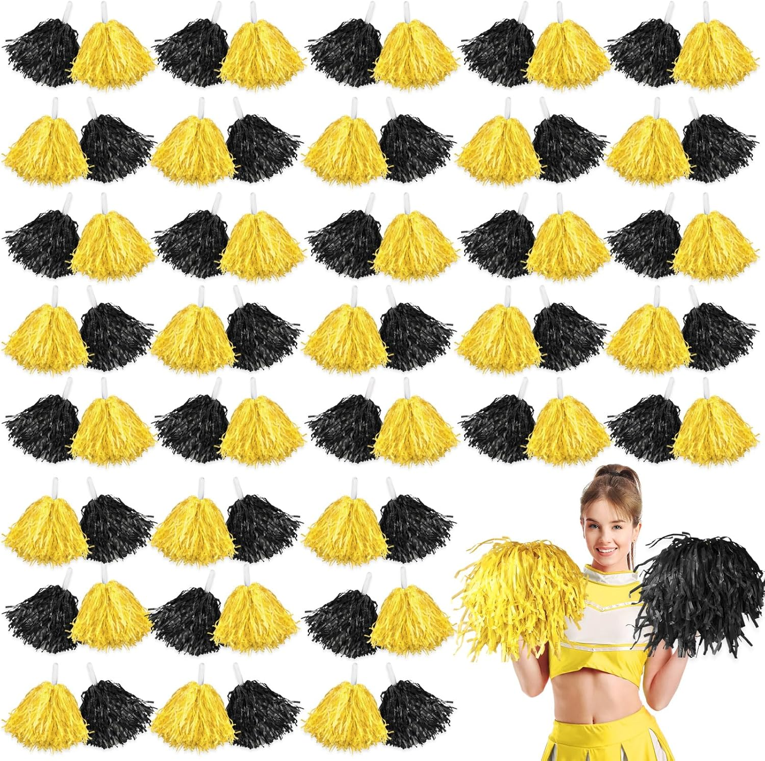 Meooeck 80 Pcs Cheerleading Pom Poms Sports Dance Cheer Pompoms with Handles Plastic Cheerleader Stuff for Sport Gymnastics Adults Cheering Team Party Decorations(Yellow)