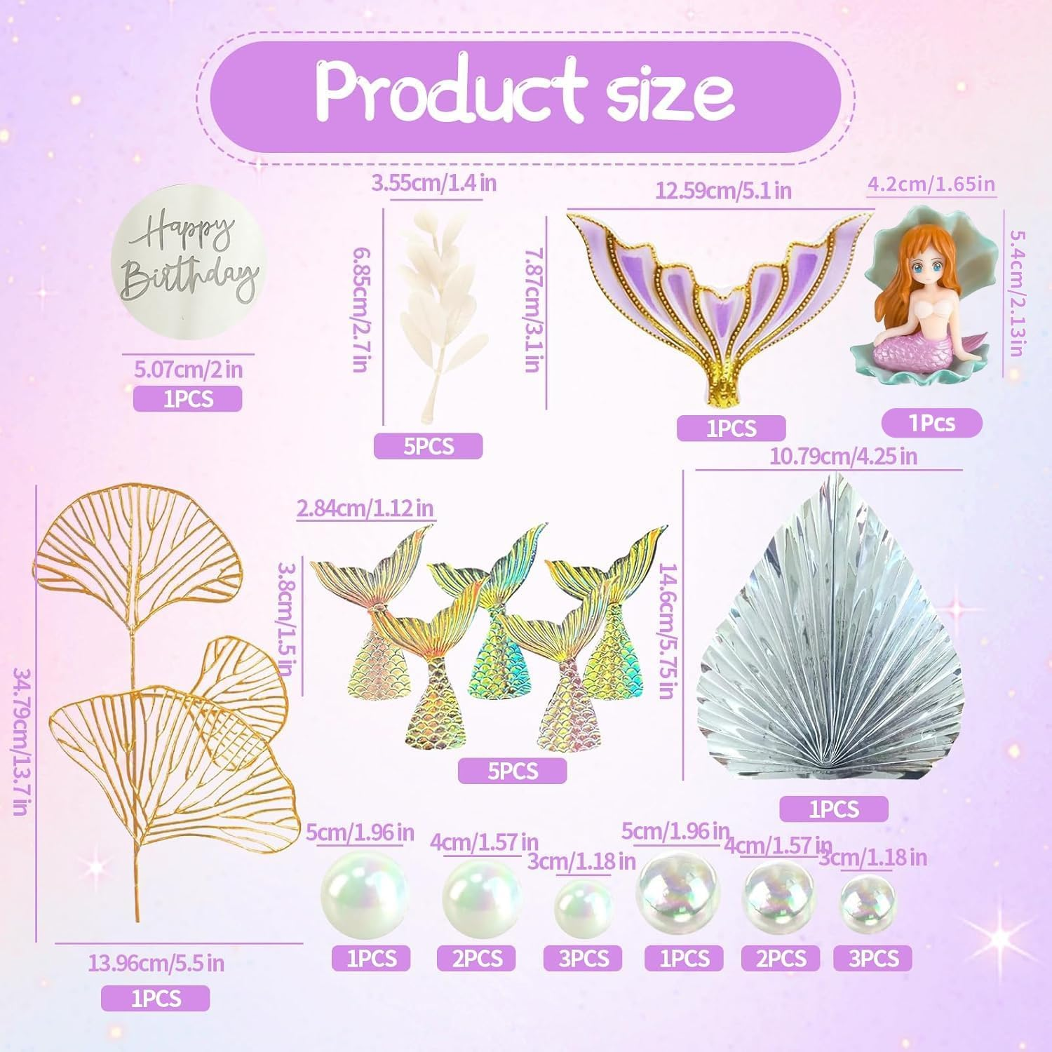 26 Pcs Mermaid Cake Decorations,Mermaid Tail Cake Decorations for Birthday Party Supplies image number 2