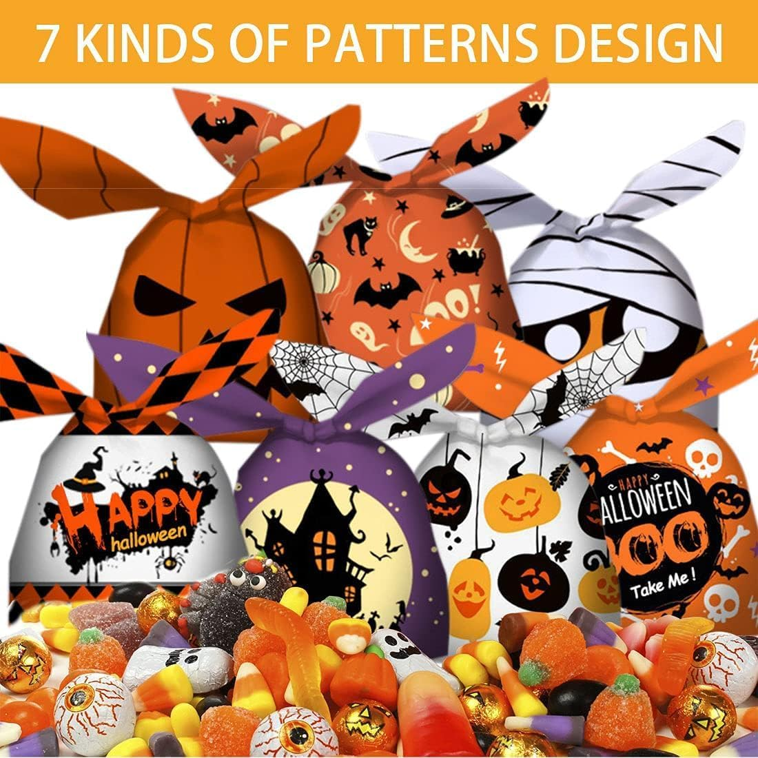 70Pcs Candy Bags for Halloween Party - 7 Designs Plastic Small Goodie Bags for Kids Trick or Treat image number 2