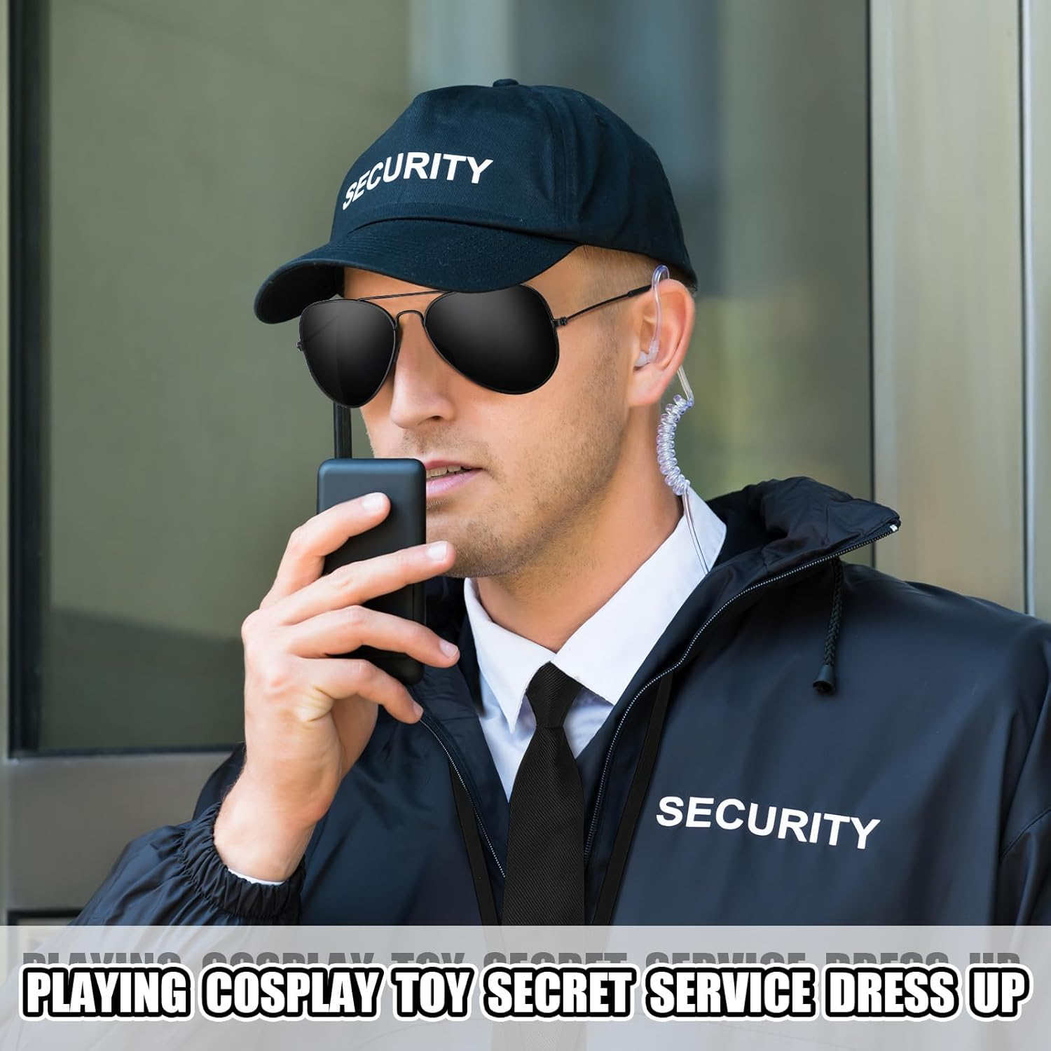 Mepase Set of 10 Agent Costume Accessory Kit Secret Security Guard Costume Adjustable Pretied Zipper Tie Black Sunglasses ID Badge Prop Earpiece for Men Halloween Party Cosplay Game, as Shown in The image number 3