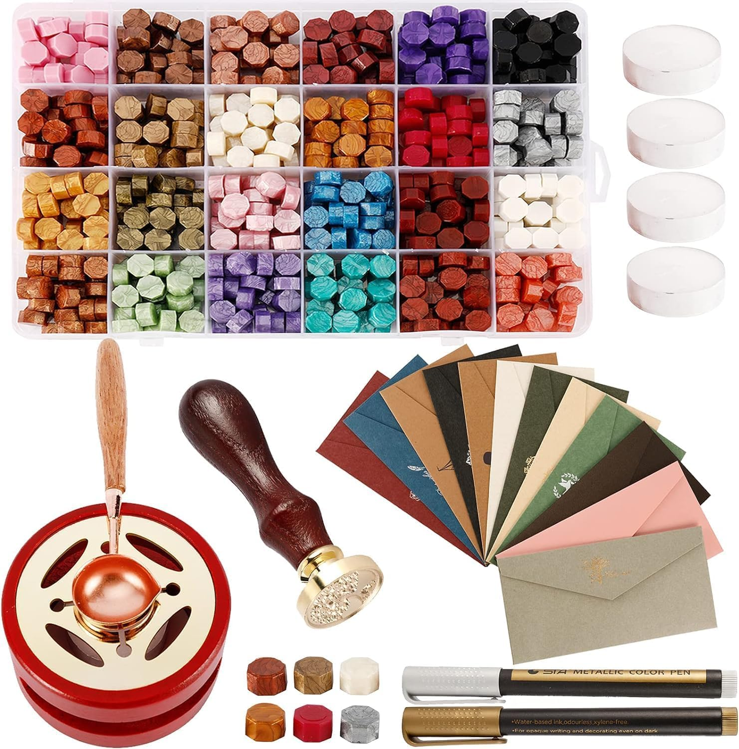 620Pcs Wax Seal Stamp Kit, Wax Seal Set with Wax Seal Beads, Sealing Wax Warmer, Vintage Envelopes, Wax Stamp and Metal Pen, Sealing Wax for Invitations, Cards, Envelopes, Gift Wrapping