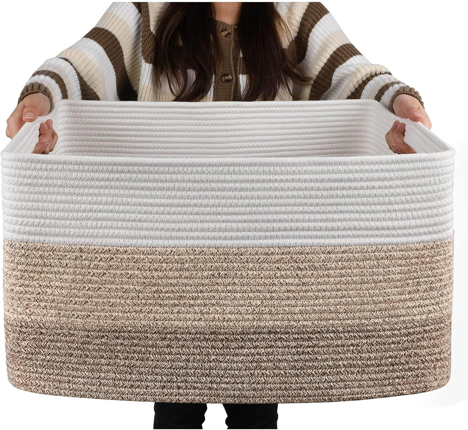 3 Pack Storage Basket, Cotton Rope Woven Basket with Handles for Shelf, Pet Toy, Book, Cloth Storage, Storage Organizer for Living Room, Bathroom (Gradient Beige, XL) image number 5