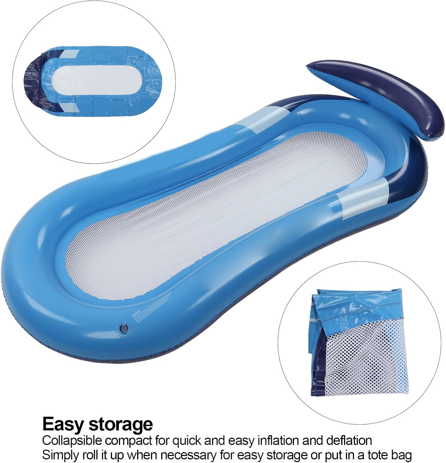 EVTSCAN 63"X31" Floating Pool Bed with Headrest, Foldable PVC Soft Mesh Inflatable Swimming Pool Loungers, Water Hammock for Adults, Kids Pool Lake Beach Pond River Island image number 4