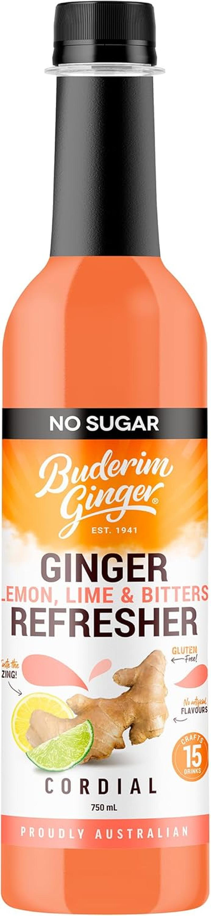 Buderim Ginger Lemon Lime Bitters NO SUGAR Cordial &ndash; Makes 15 Drinks, 750 Ml Bottle, Delicious and Refreshing! image number 2