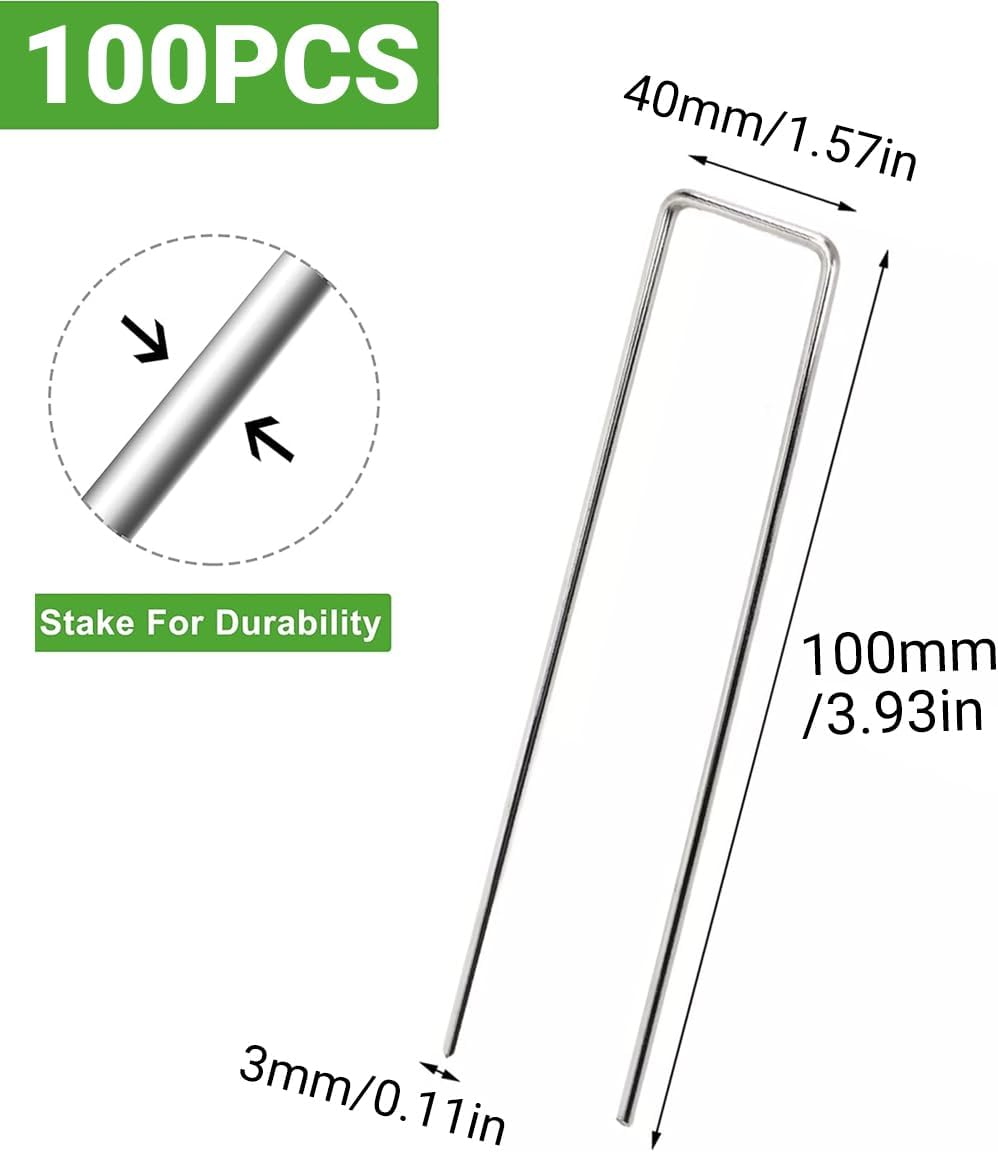 AIMALL 100-Pack U-Shaped Garden Staples &ndash; 3.93In X 1.57In Heavy Duty Steel Ground Pegs with 45&deg; Sharp Tip for Landscaping, Weed Barrier, and Gardening image number 4