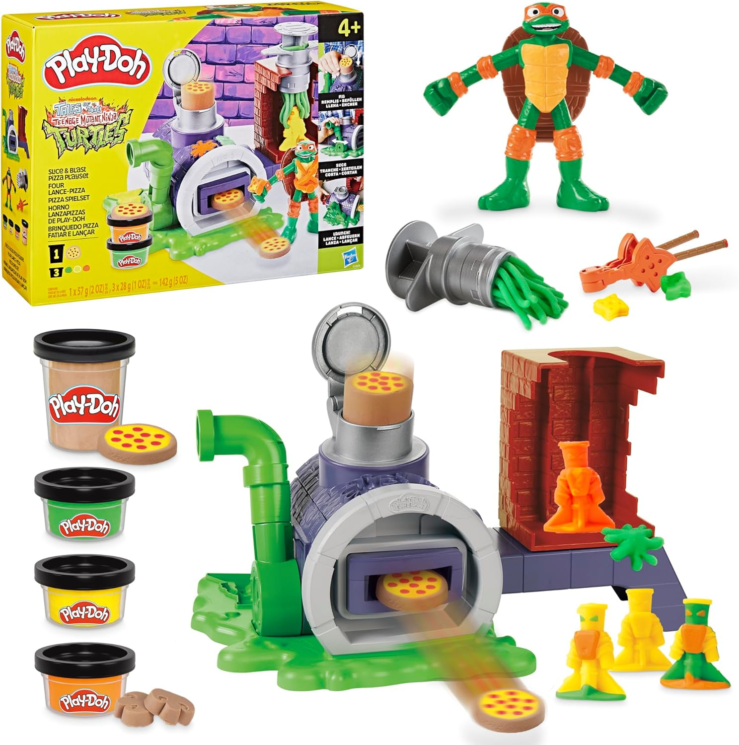 Play-Doh Teenage Mutant Ninja Turtles Slice & Blast Pizza Playset, Bendy 4 Inch Mikey Action Figure, Kids Arts & Crafts, TMNT Toys for Boys & Girls 4+ image number 3