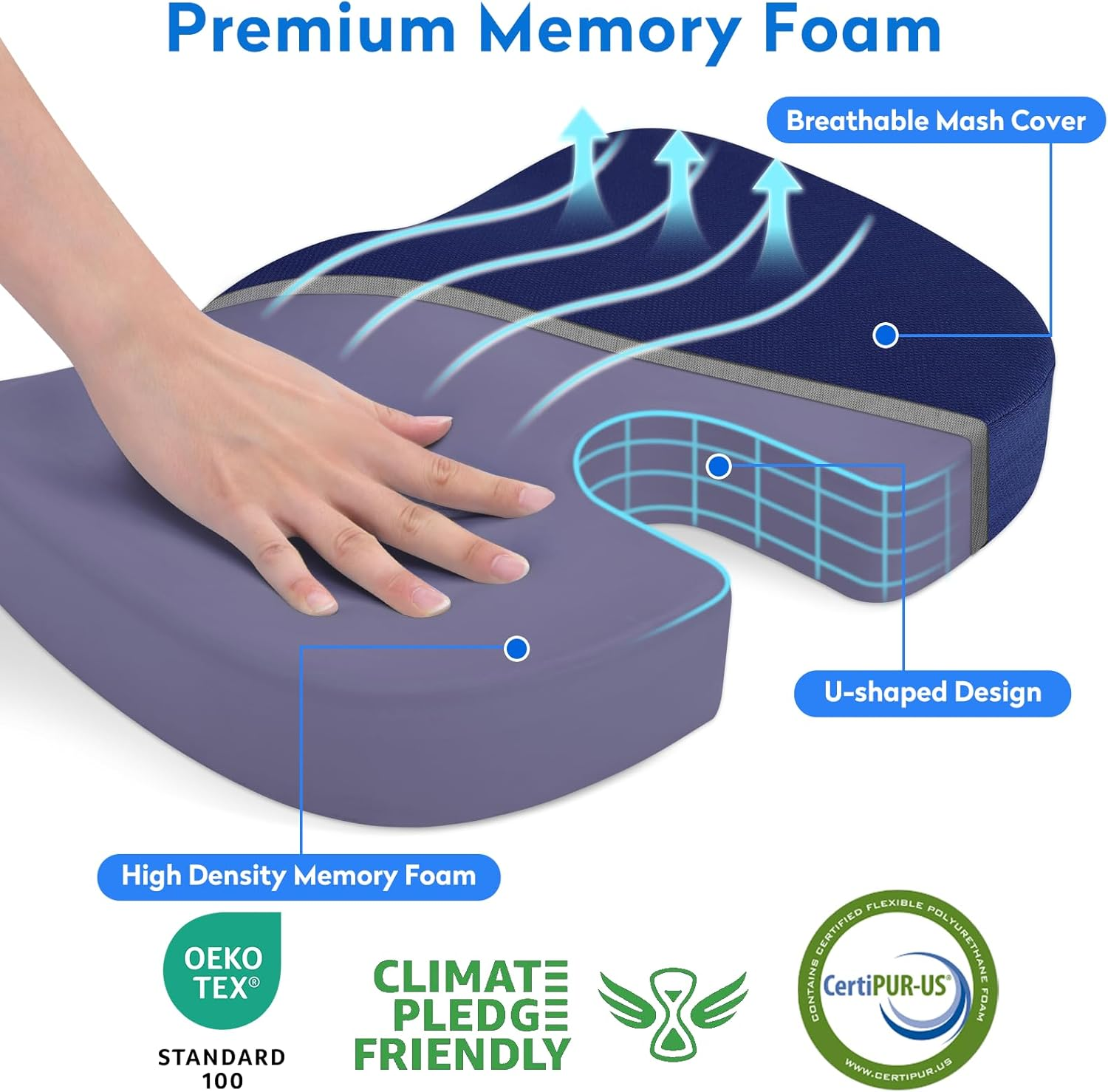 Seat Cushion, Office Chair Cushions, Car Seat Cushion, Non-Slip Sciatica & Back Coccyx Pain Relief Chair Pad, Memory Foam Pillow for Computer Desk, Wheelchair, Driving Large Size (Blue) image number 1