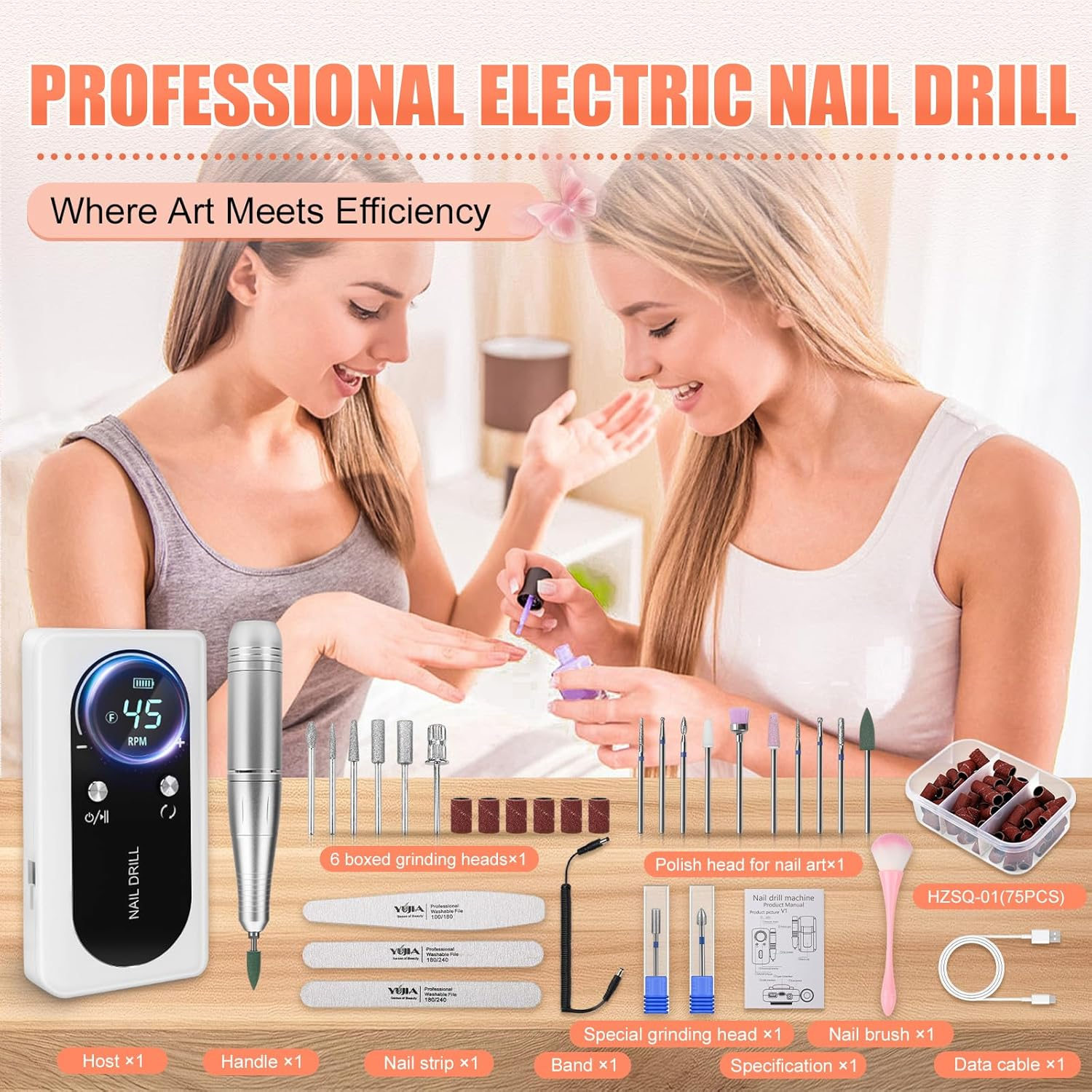 Electric Nail Cutter with 2000 Mah Battery, 45000 RPM Portable Electric Nail File with 80 Sanding Belts, 17 Bits, 2 Nail Files, 1 Nail Buffer and 1 Soft Brush, for Home Salon (White) image number 2