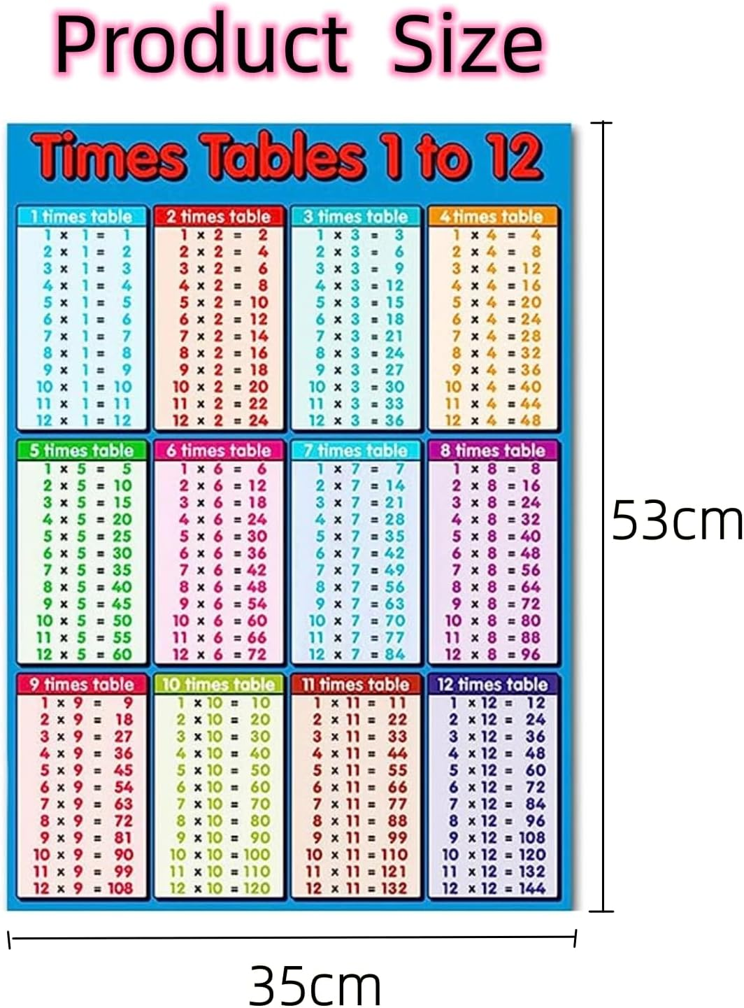 Educational Times Tables Poster Wall Chart 1-12 Multiplication Table Poster Suitable for Kids Room, Homeschool Supplies，Learning Posters image number 2