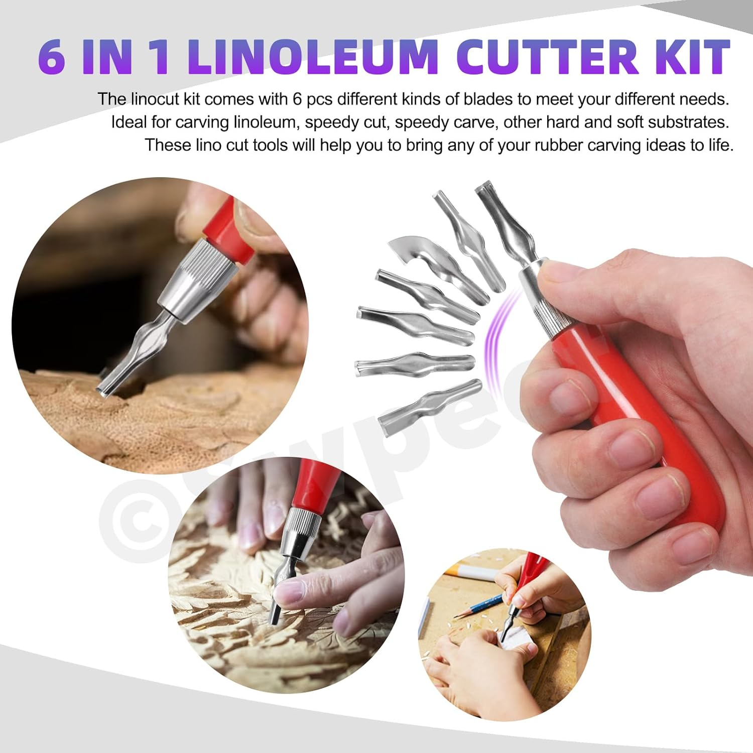 Swpeet 8Pcs Rubber Stamp Carving Tools with Linoleum Block Assortment Kit, Stamp Making Kit Rubber Block Stamp Maker Printmaking Supplies for DIY Printmaking, Printing and More Crafts image number 4