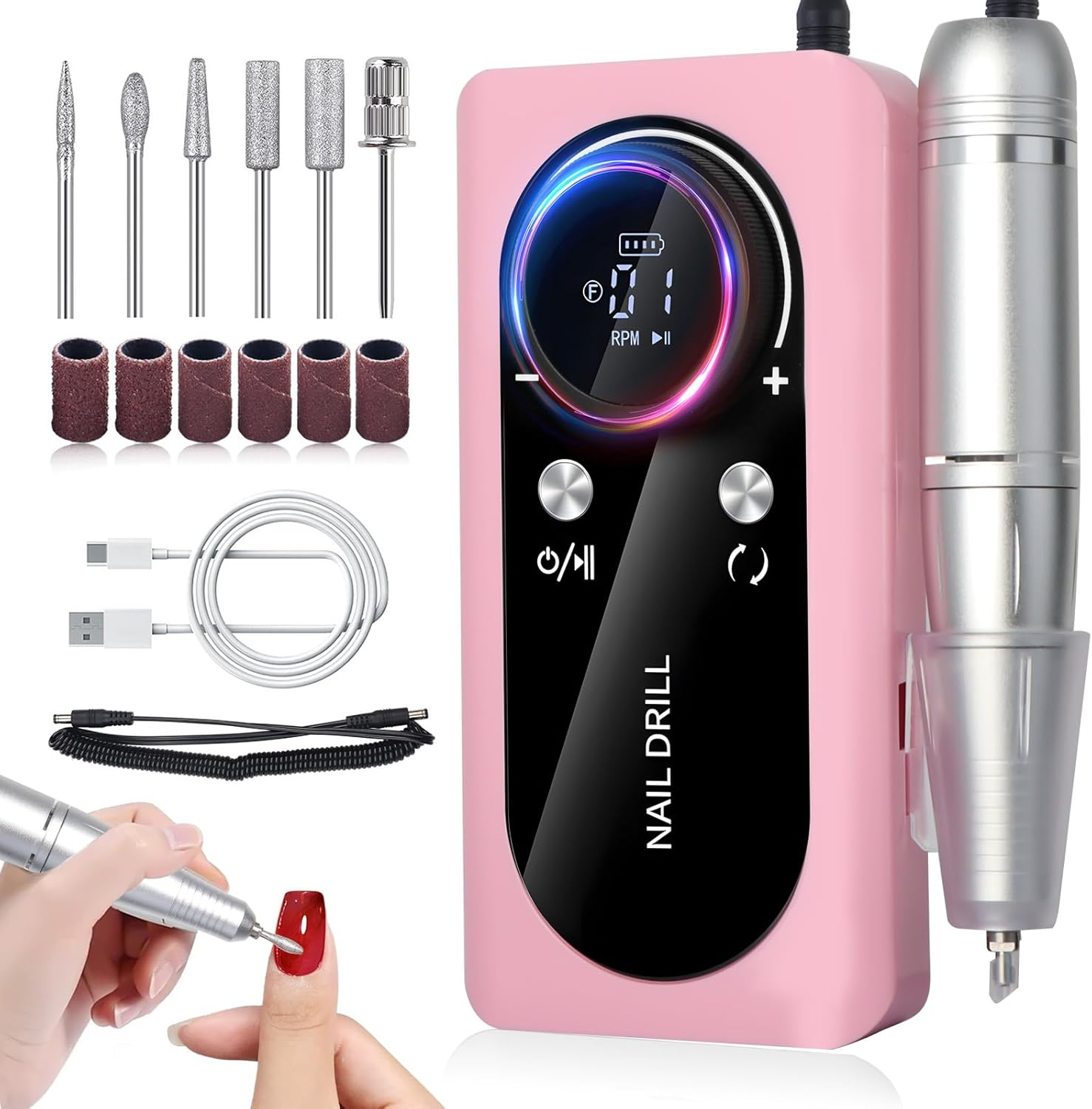 Electric Nail Files, 45000RPM Professional Electric Nail Drill Machine, Rechargeable Portable E File Kit for Acrylic Gel Nails with LCD Display Adjustable Speed for Women Salon Home Beginner image number 2