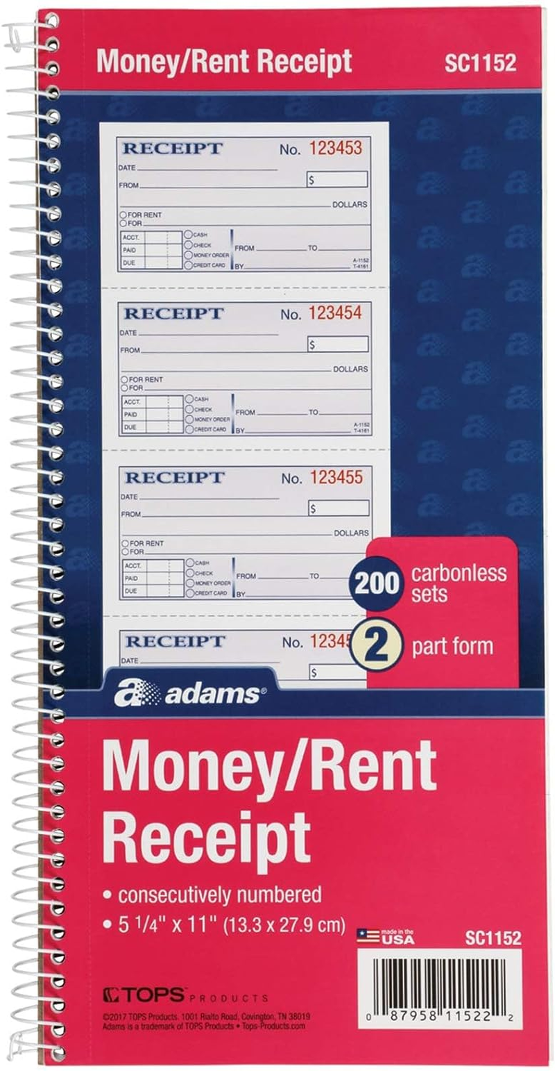 Adams Money and Rent Receipt Book, 2-Part Carbonless, 5 1/4 X 11 Inch Detached, Spiral Bound, 200 Sets per Book (SC1152)