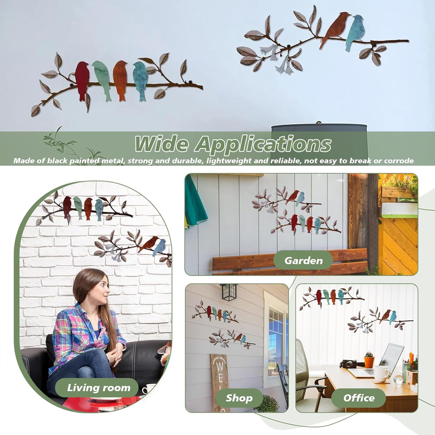 2 Pcs Metal Birds Hanging Bird Picture Wall Decor, Vivid Birds on Branch Art, Metal Silhouette Sculpture, Colorful Leaves Rustic Decor, for Balcony Garden, Indoor & Outdoor (Black) image number 5