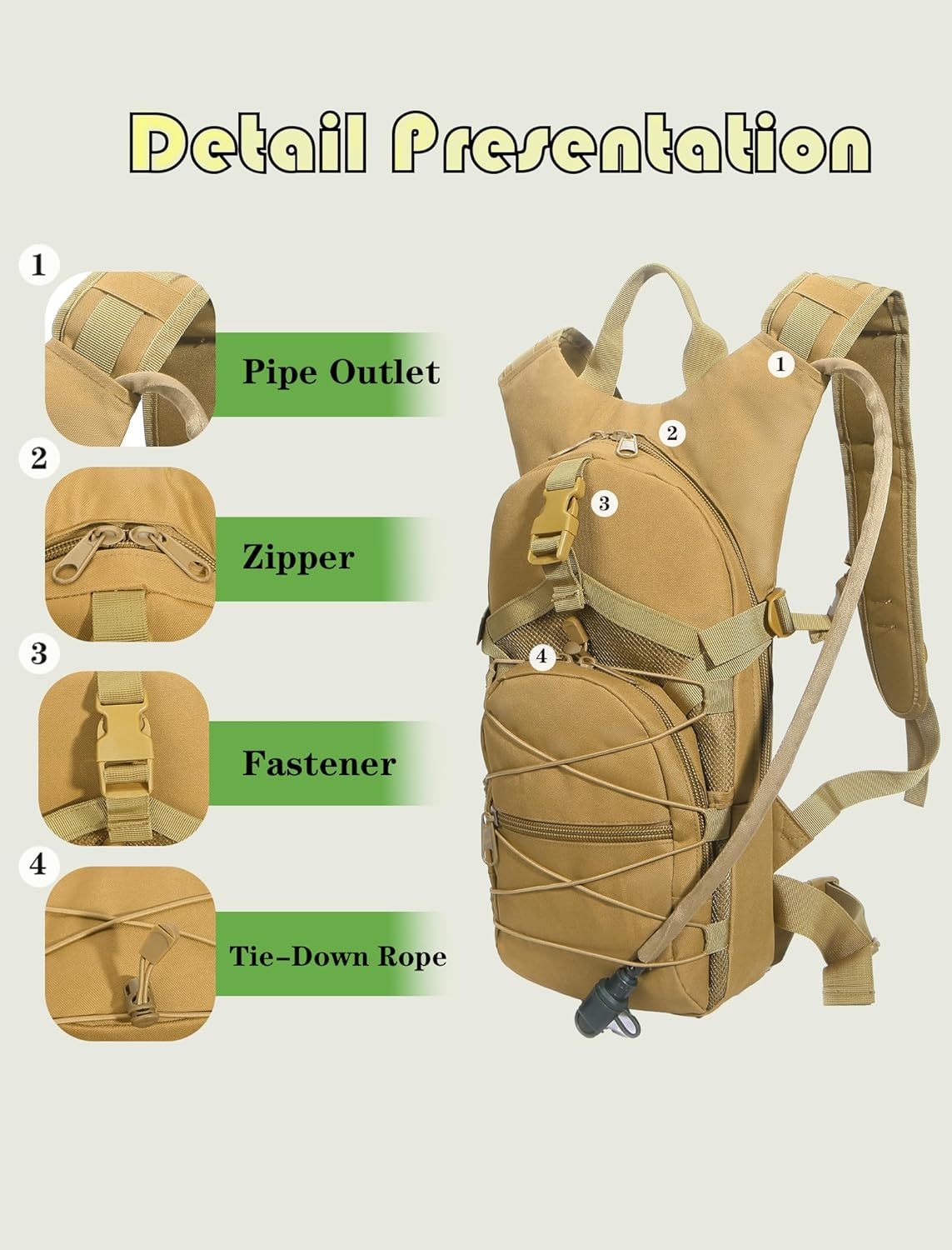 3L Water Backpack for Hiking, Pocket Tactical Hydration Pack, Outdoor Cycling, Lightweight Hydration Backpack, Jogging for Fitness, Durable and Comfortable, Khaki image number 1